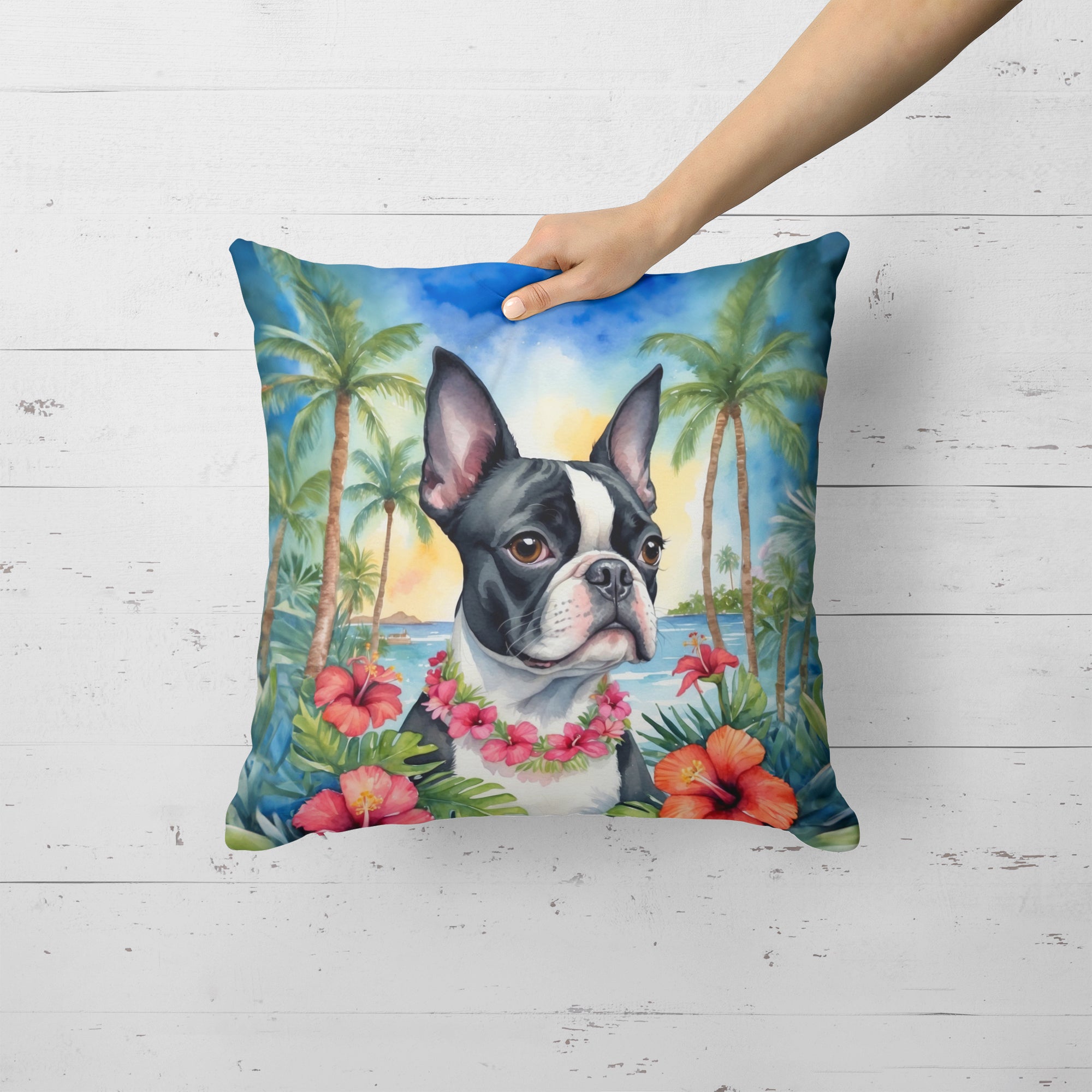 Buy this Boston Terrier Luau Throw Pillow