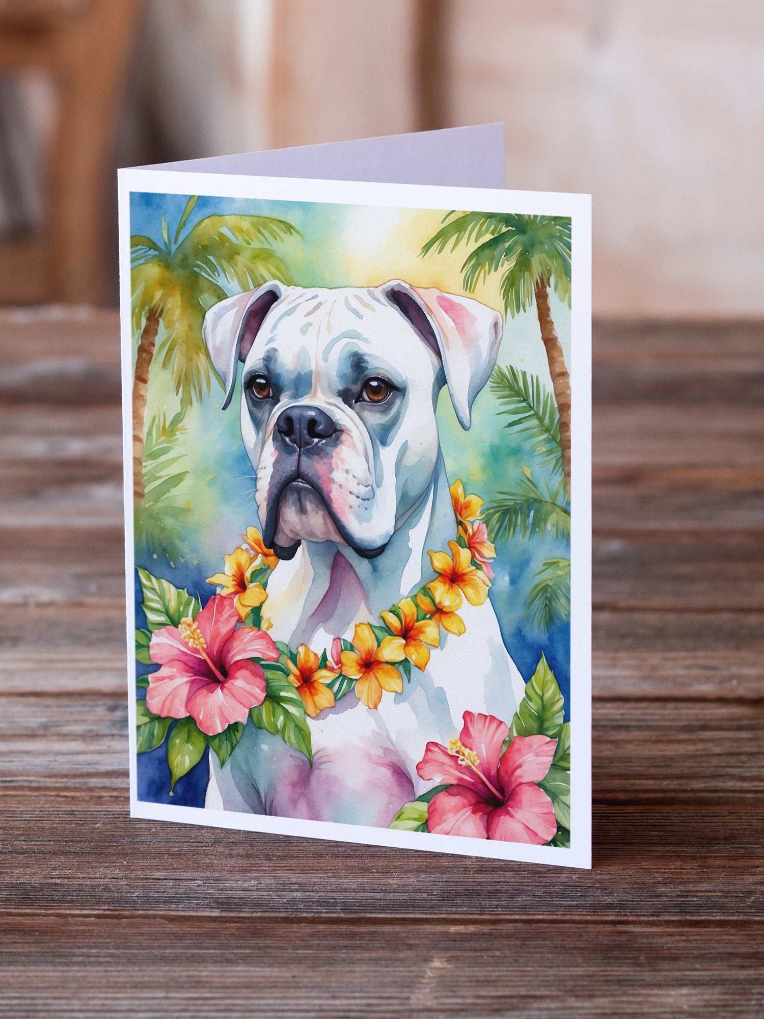 Buy this White Boxer Luau Greeting Cards Pack of 8