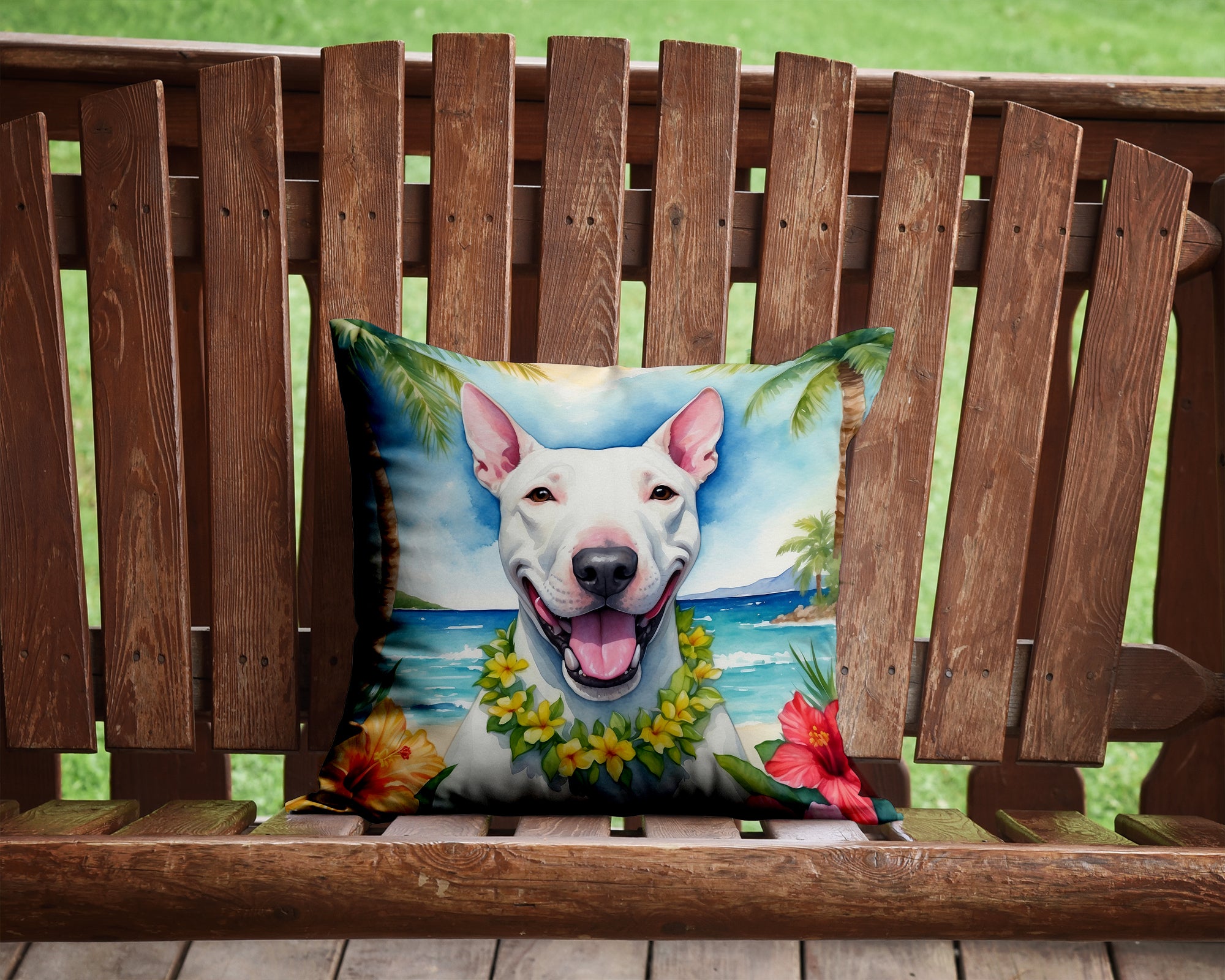 Buy this Bull Terrier Luau Throw Pillow