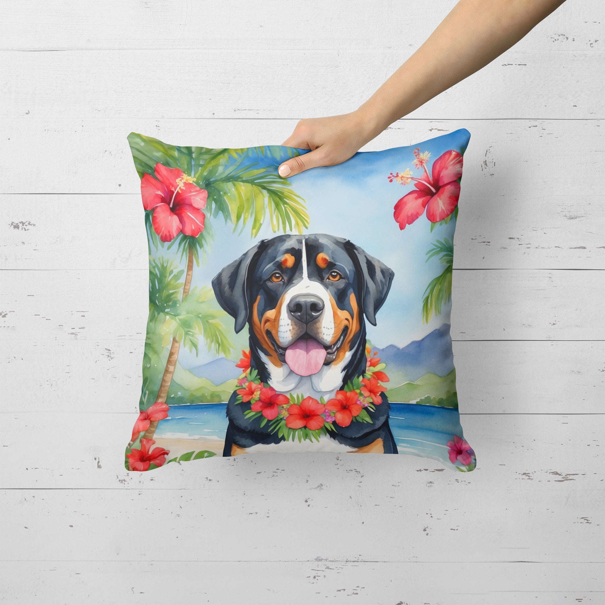 Greater Swiss Mountain Dog Luau Throw Pillow