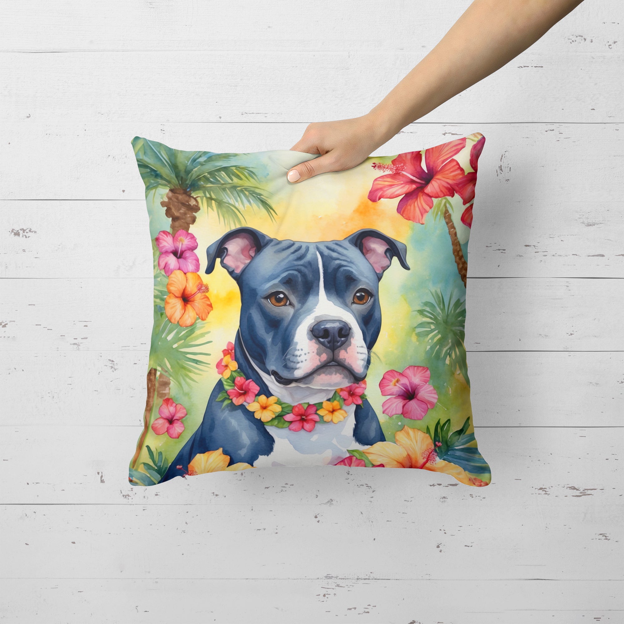 Staffordshire Bull Terrier Luau Throw Pillow
