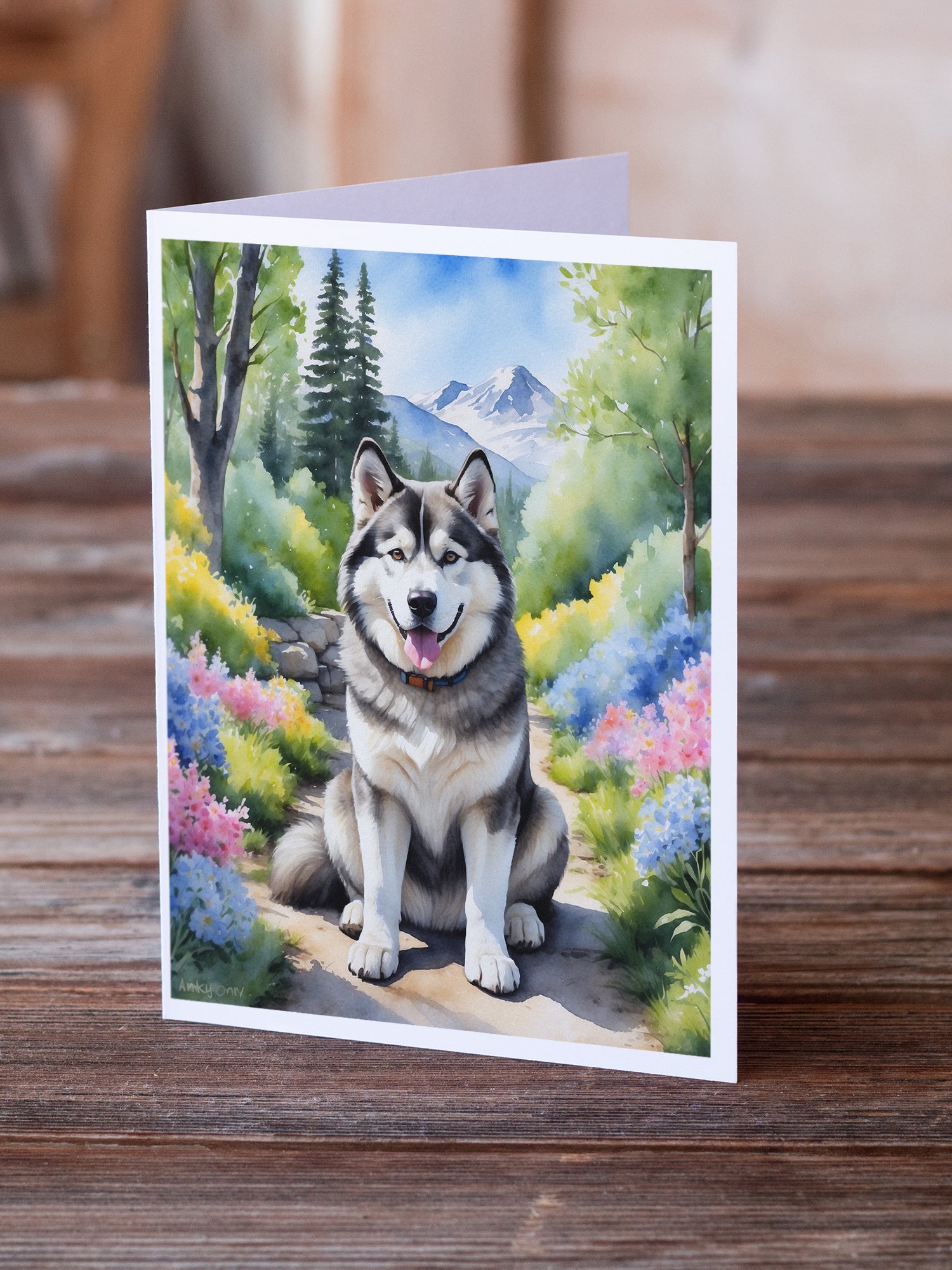 Alaskan Malamute Spring Garden Greeting Cards Pack of 8
