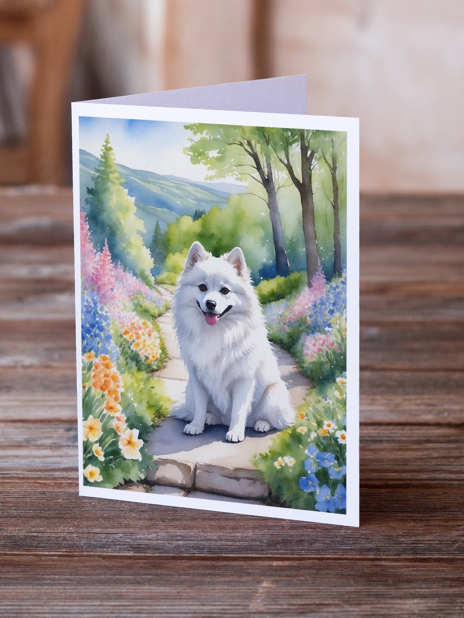 American Eskimo Spring Garden Greeting Cards Pack of 8
