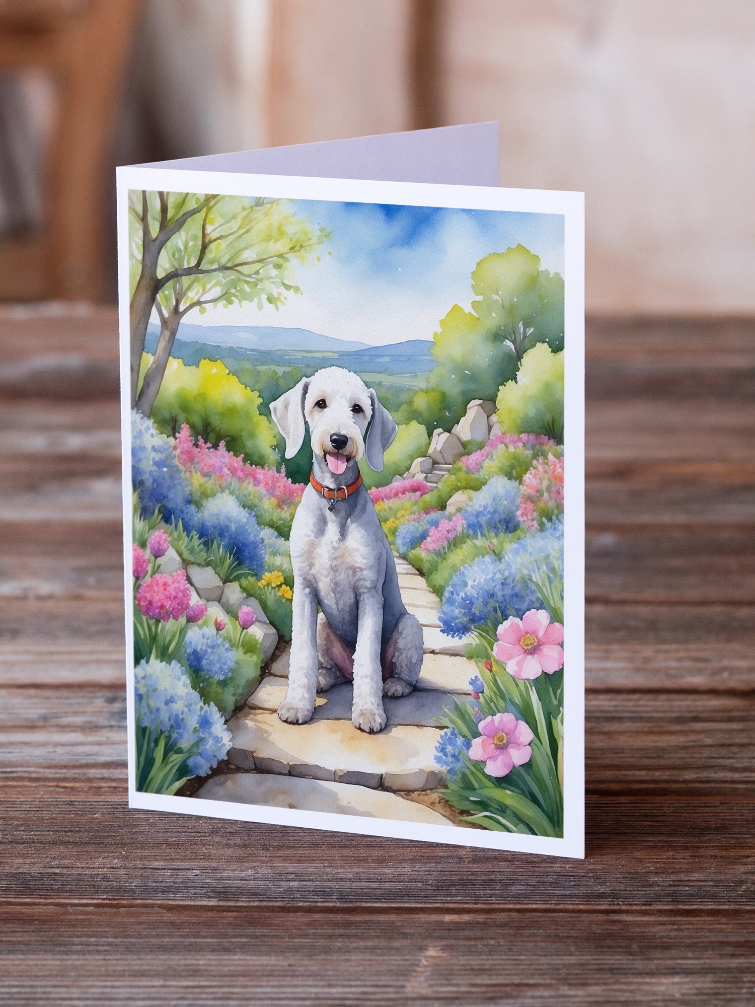 Bedlington Terrier Spring Garden Greeting Cards Pack of 8