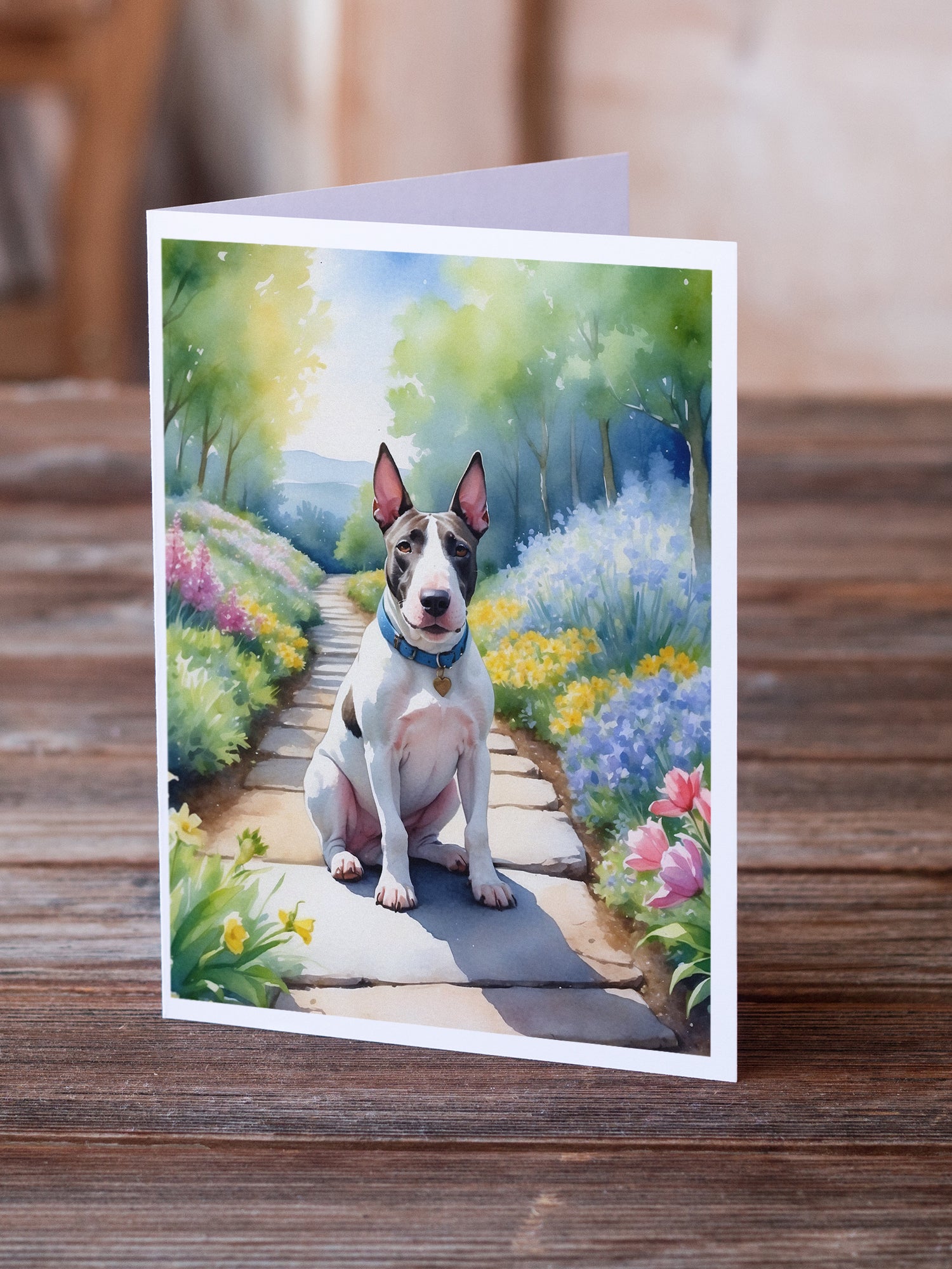 Bull Terrier Spring Path Greeting Cards Pack of 8