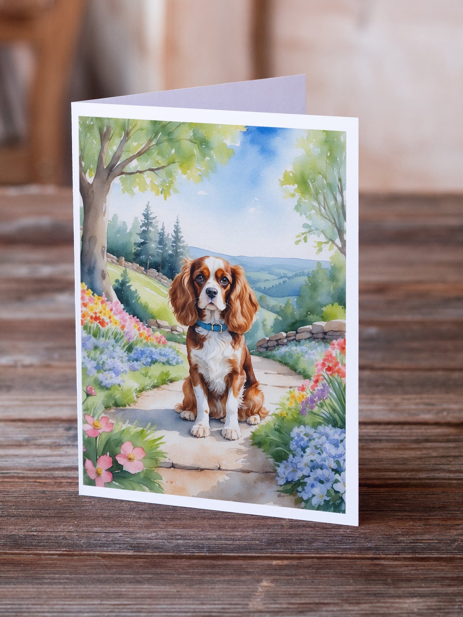 Cavalier Spaniel Spring Path Greeting Cards Pack of 8