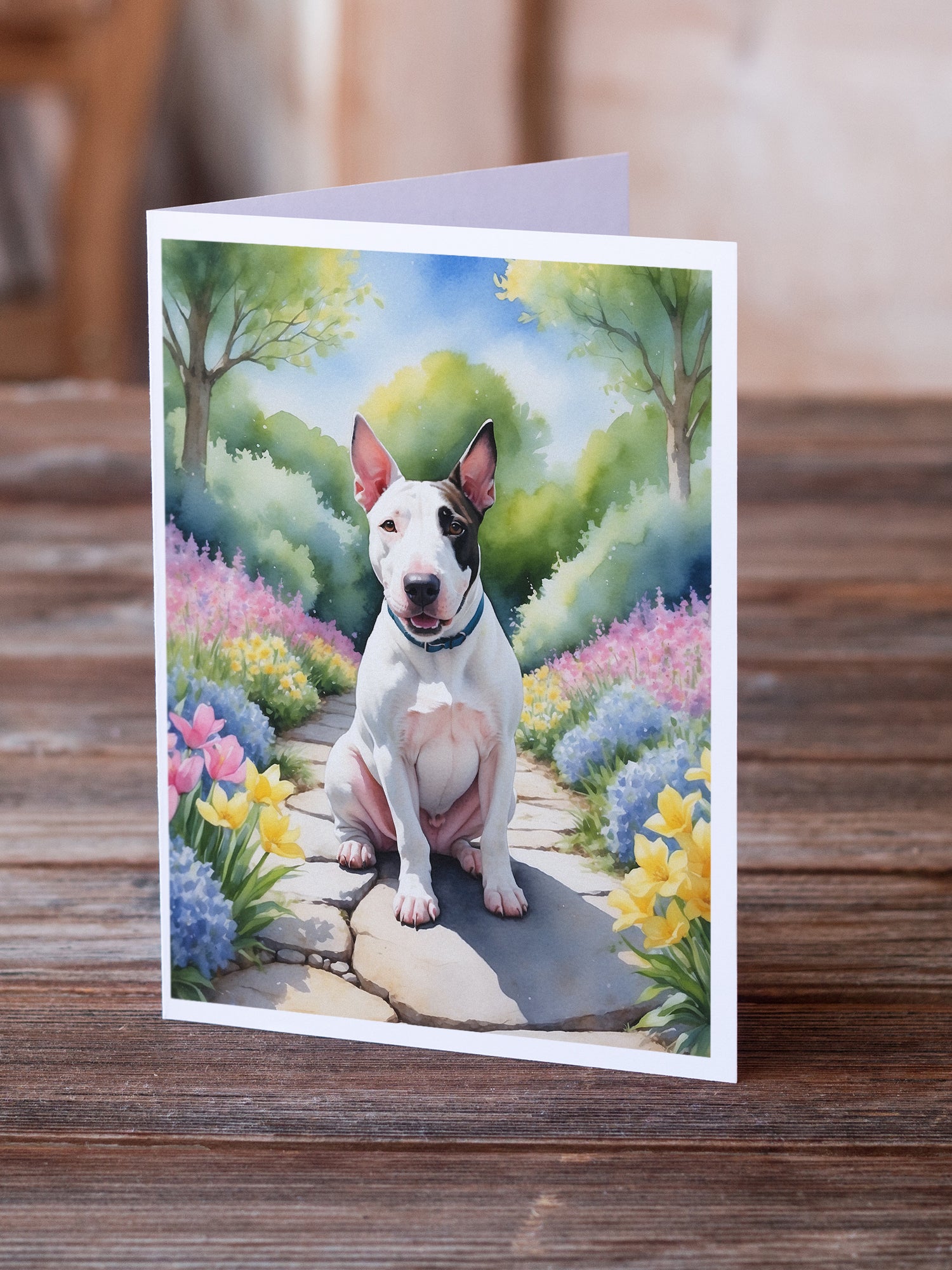 Buy this English Bull Terrier Spring Path Greeting Cards Pack of 8