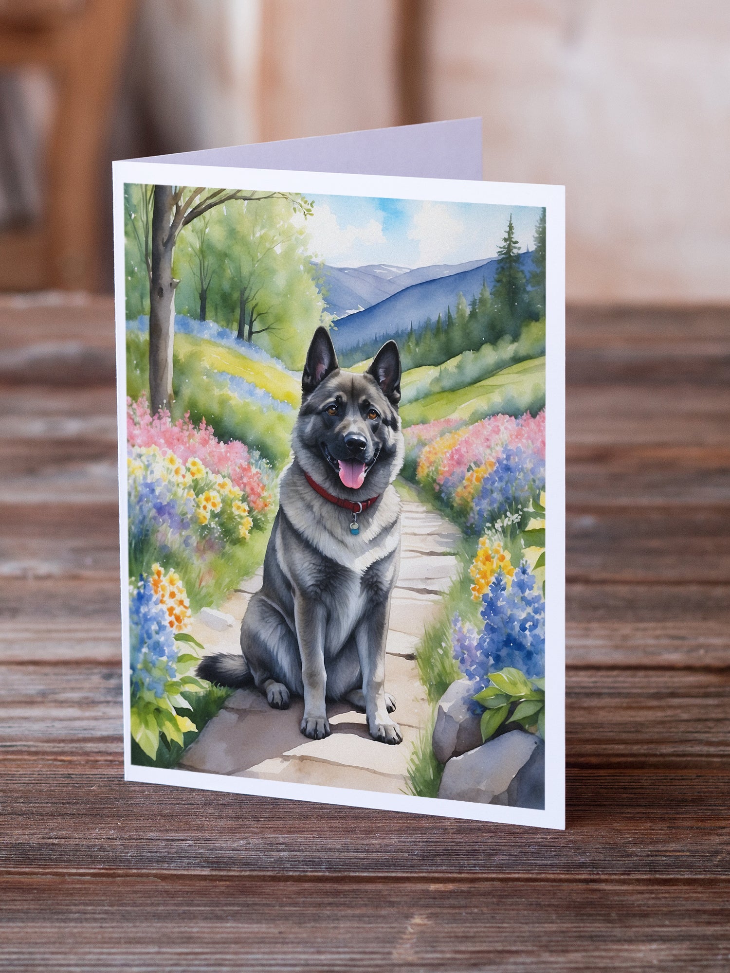 Buy this Norwegian Elkhound Spring Path Greeting Cards Pack of 8