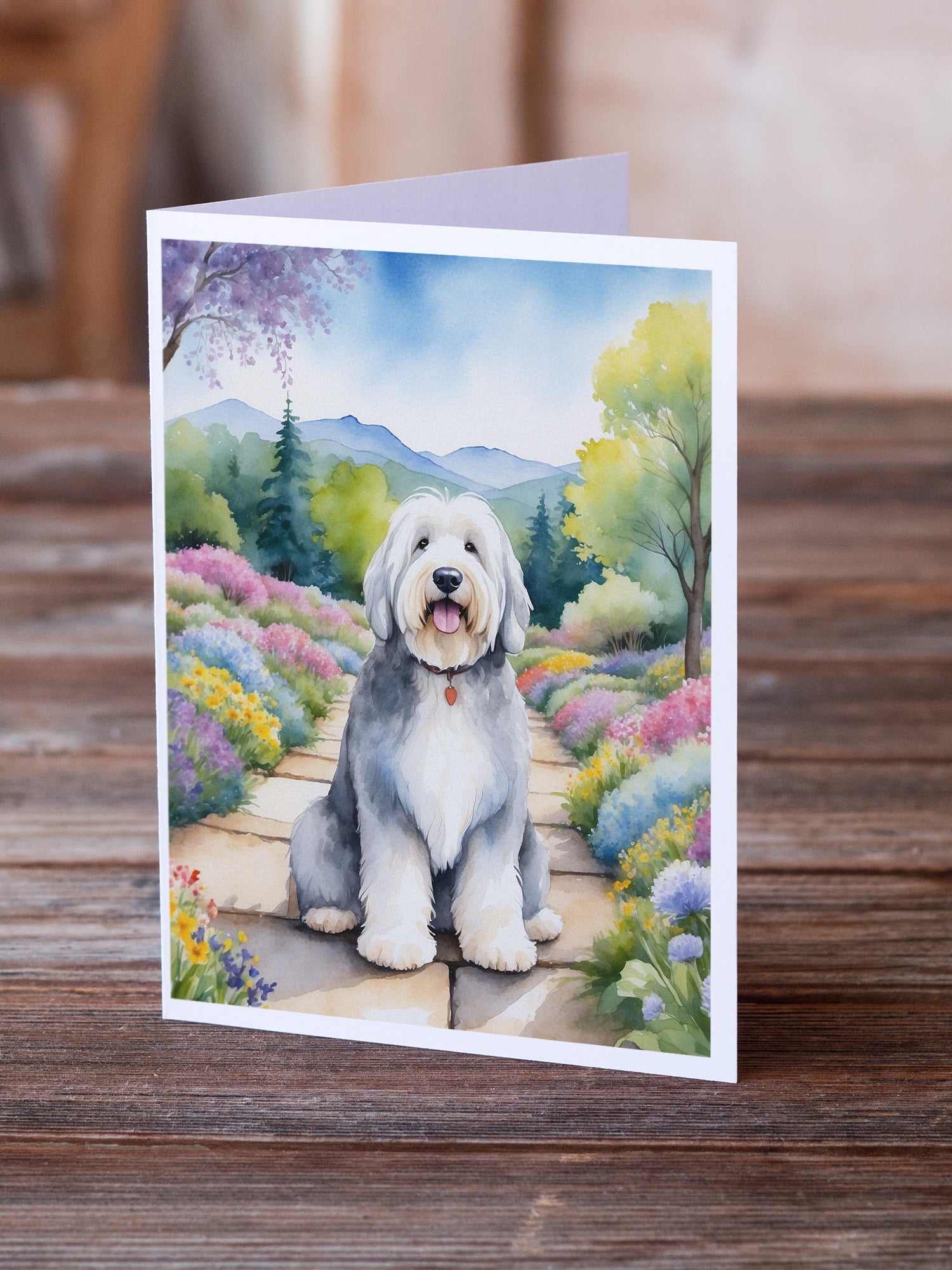 Buy this Old English Sheepdog Spring Path Greeting Cards Pack of 8