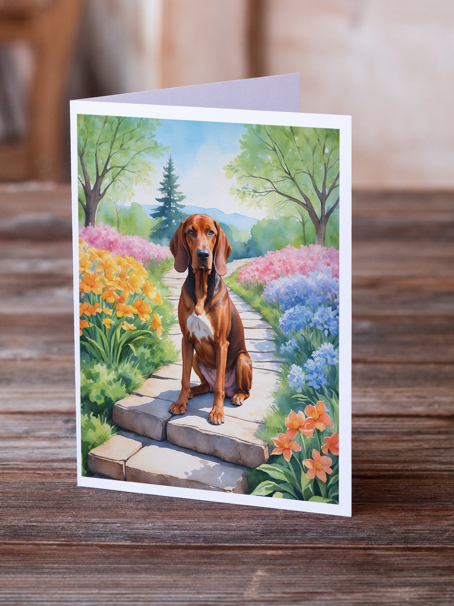 Buy this Redbone Coonhound Spring Path Greeting Cards Pack of 8
