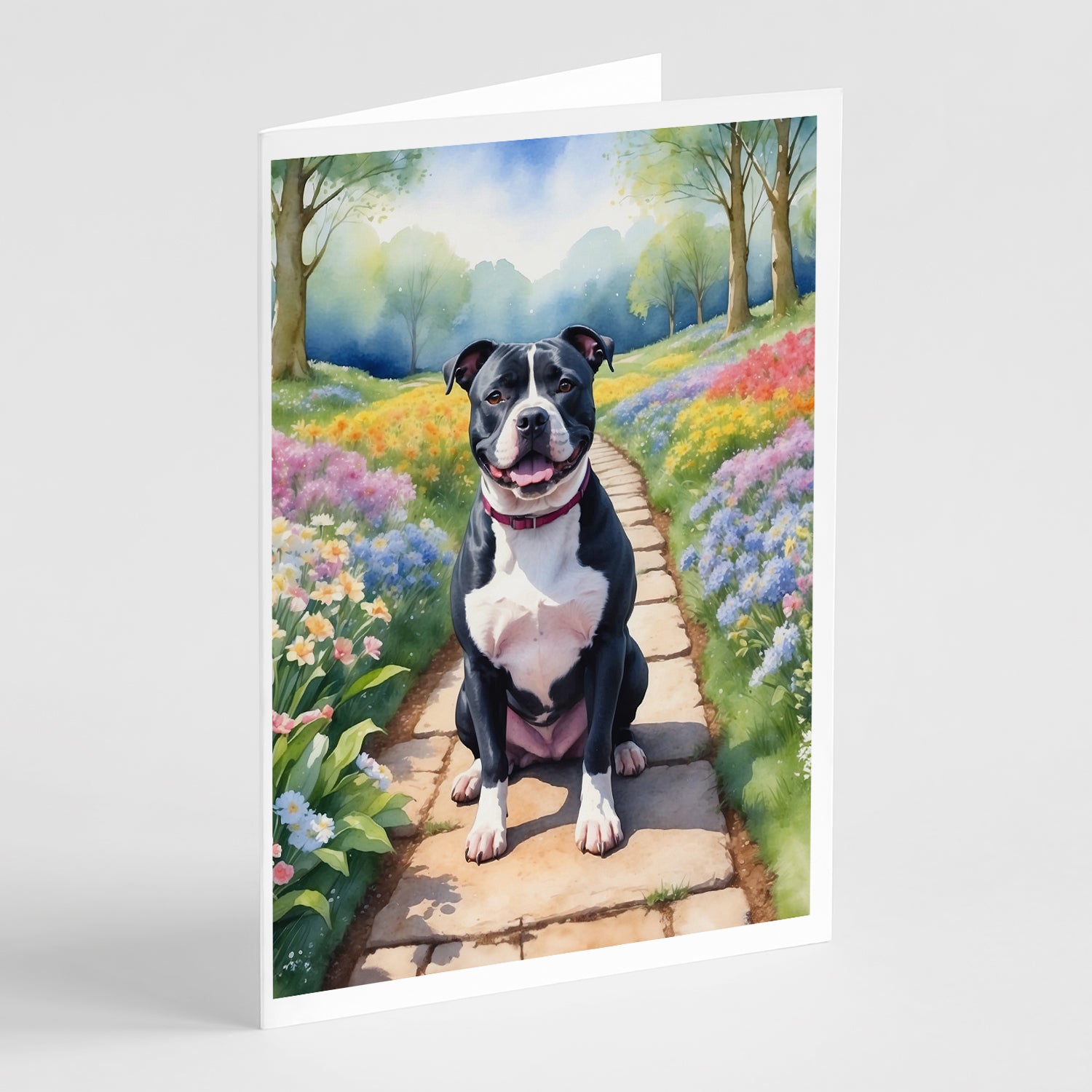 Buy this Staffordshire Bull Terrier Spring Path Greeting Cards Pack of 8