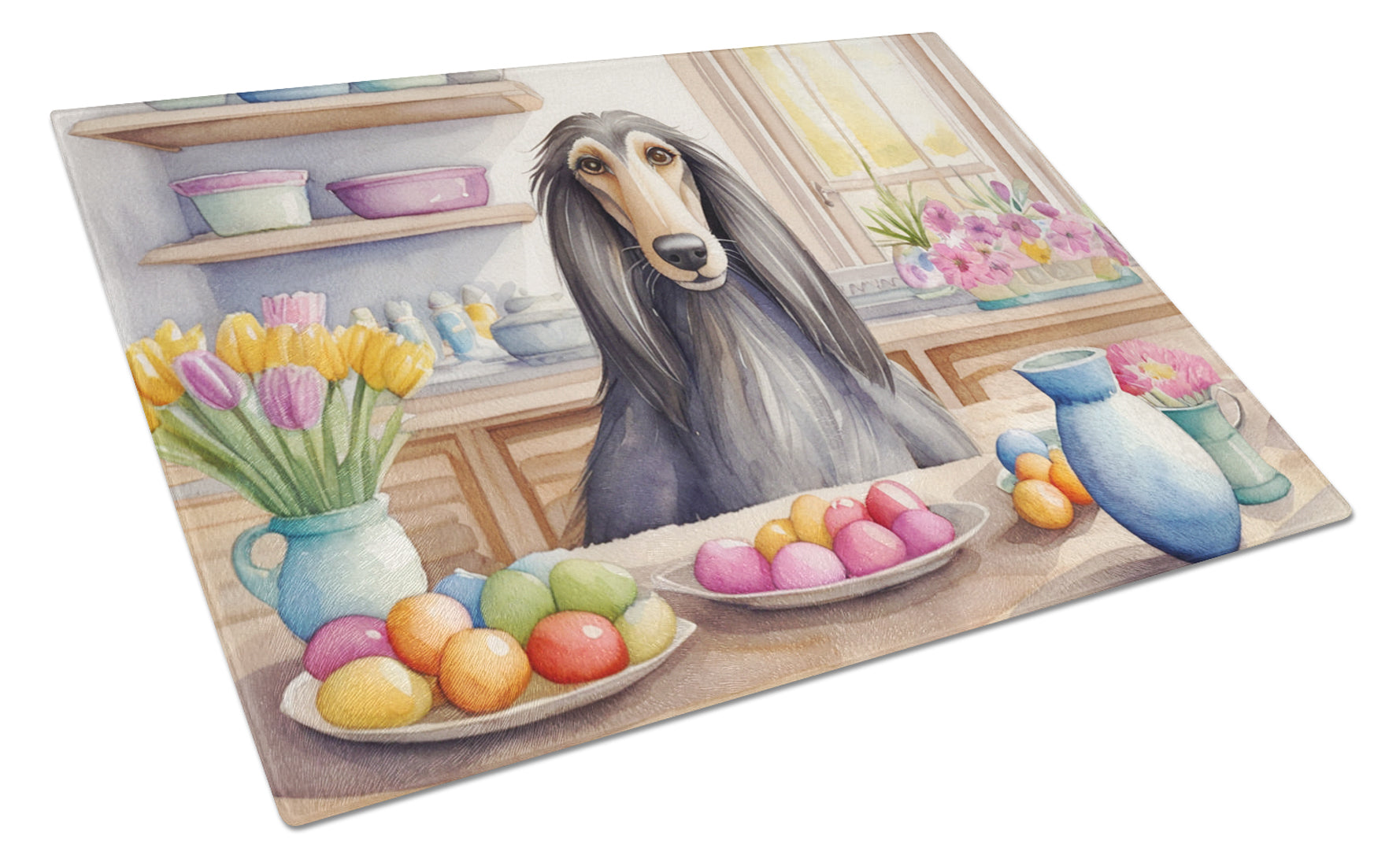 Buy this Decorating Easter Afghan Hound Glass Cutting Board