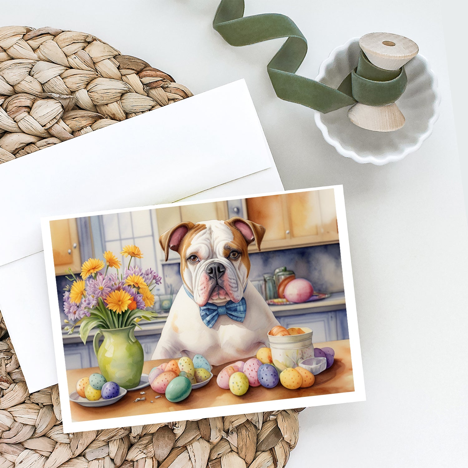 Decorating Easter American Bulldog Greeting Cards Pack of 8