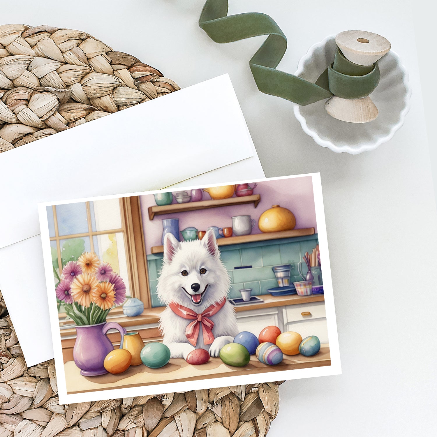 Decorating Easter American Eskimo Greeting Cards Pack of 8