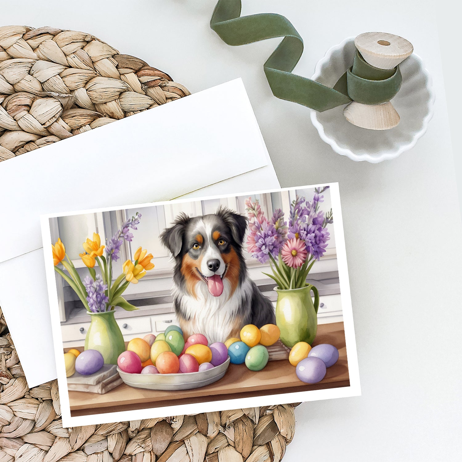 Buy this Decorating Easter Australian Shepherd Greeting Cards Pack of 8