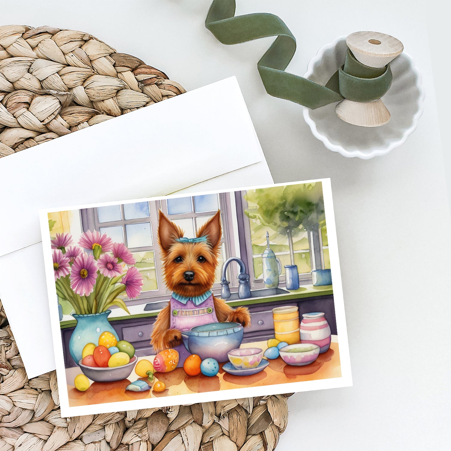 Decorating Easter Australian Terrier Greeting Cards Pack of 8