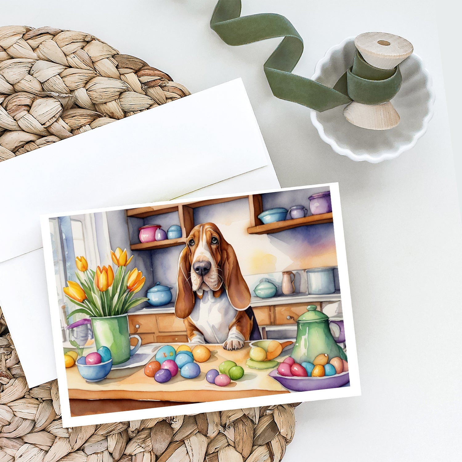 Buy this Decorating Easter Basset Hound Greeting Cards Pack of 8