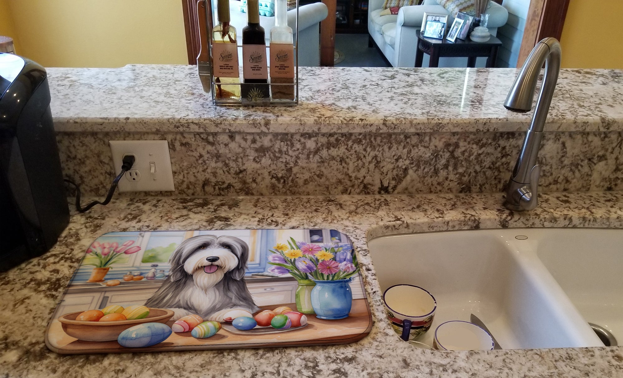 Decorating Easter Bearded Collie Dish Drying Mat