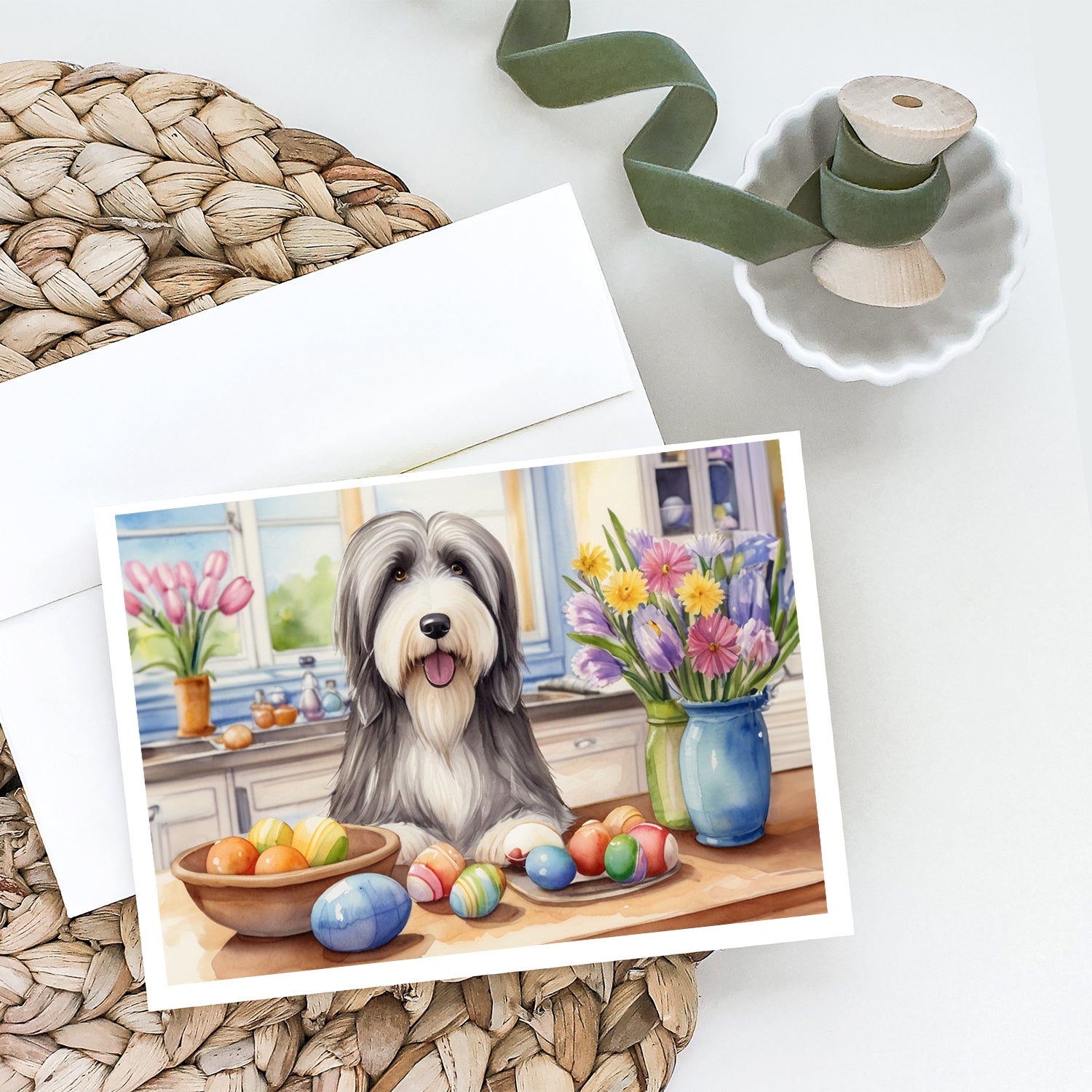 Buy this Decorating Easter Bearded Collie Greeting Cards Pack of 8