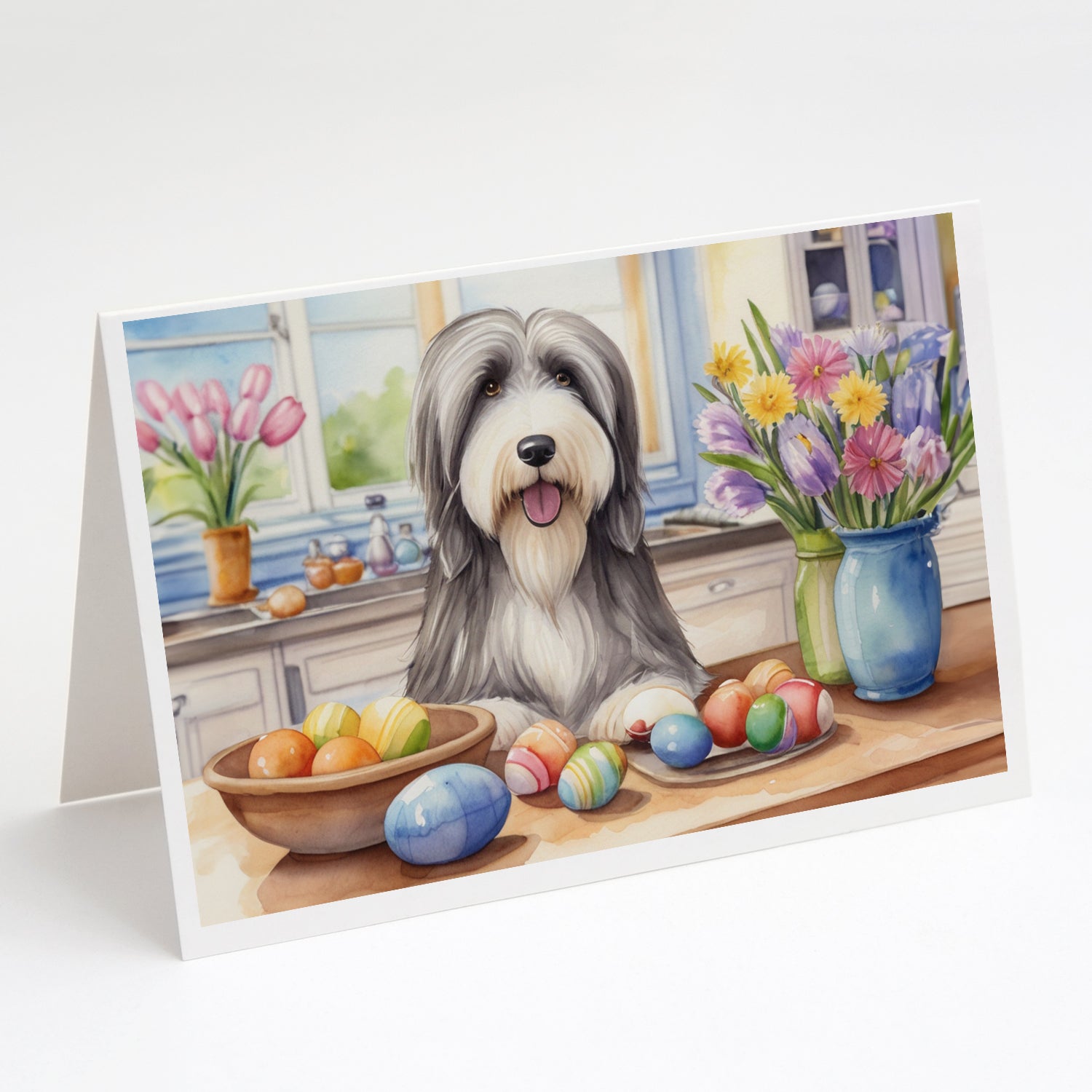 Buy this Decorating Easter Bearded Collie Greeting Cards Pack of 8