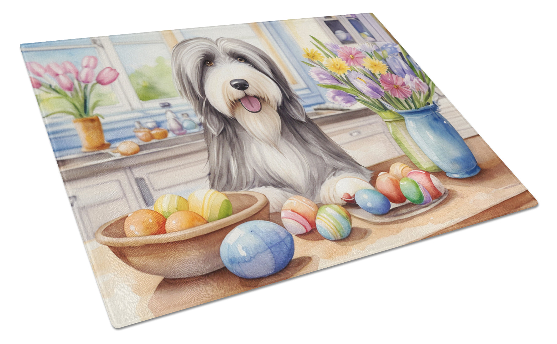 Buy this Decorating Easter Bearded Collie Glass Cutting Board