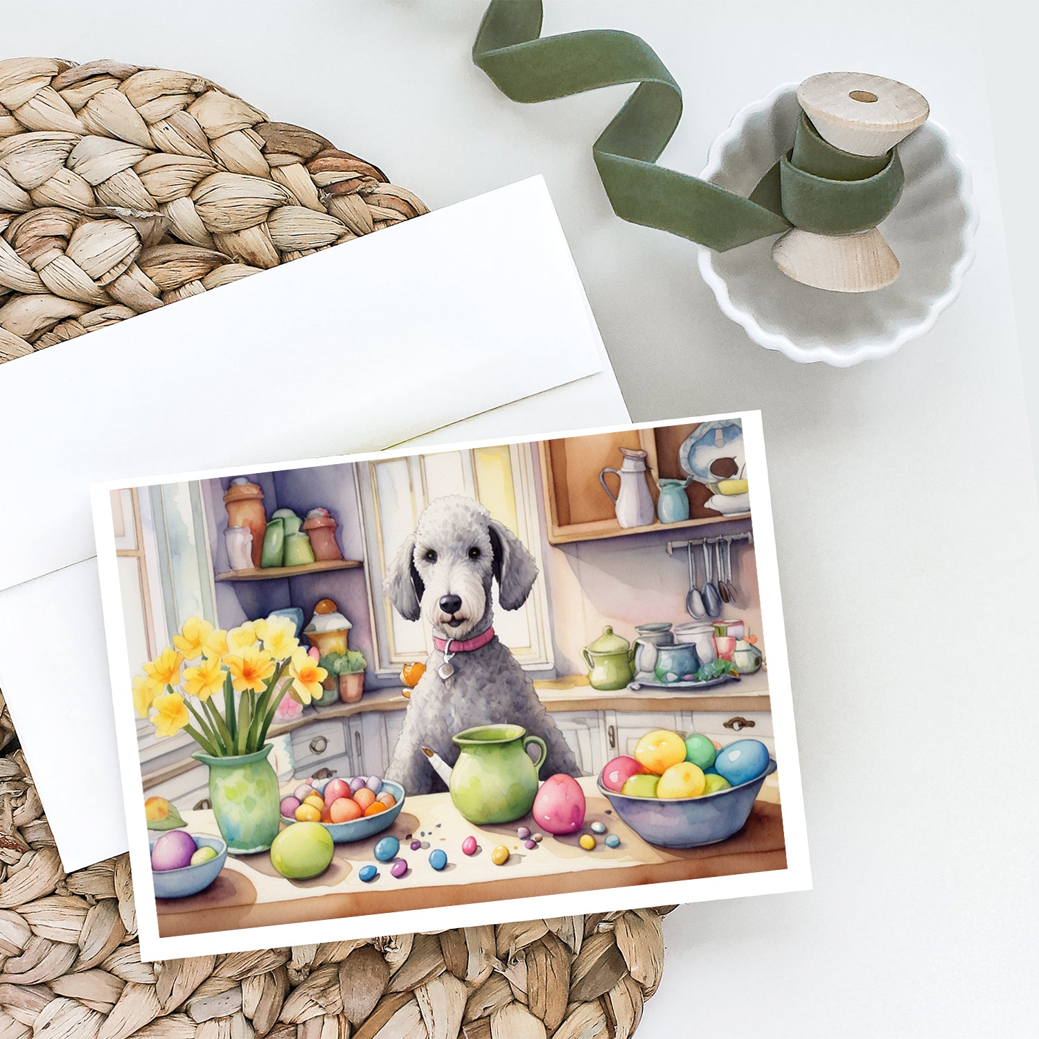 Decorating Easter Bedlington Terrier Greeting Cards Pack of 8