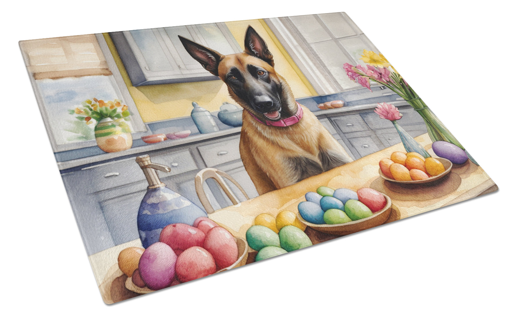 Buy this Decorating Easter Belgian Malinois Glass Cutting Board