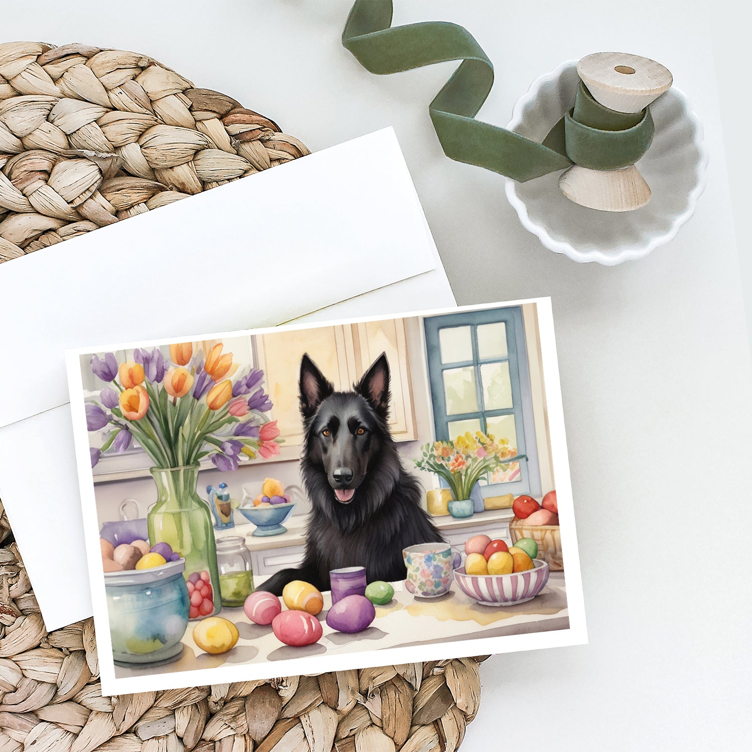 Buy this Decorating Easter Belgian Sheepdog Greeting Cards Pack of 8