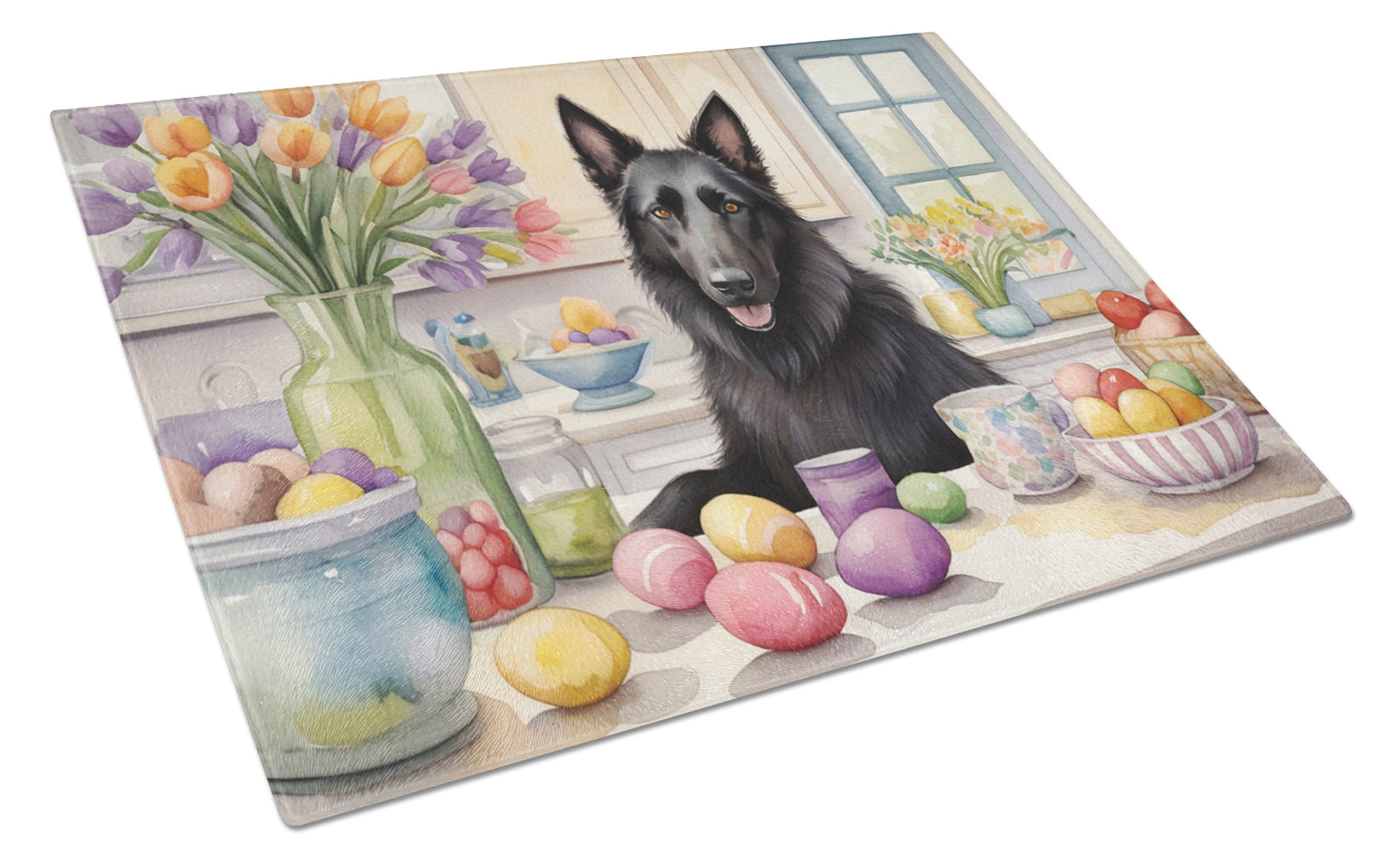Buy this Decorating Easter Belgian Sheepdog Glass Cutting Board