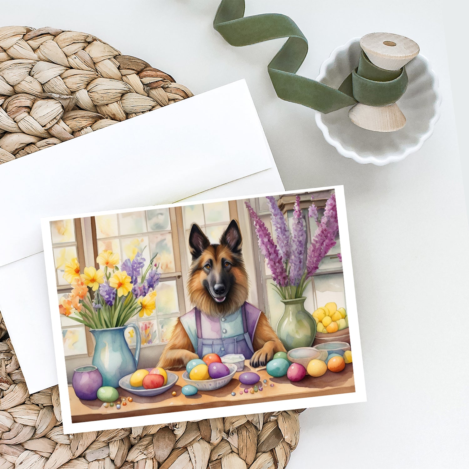 Buy this Decorating Easter Belgian Tervuren Greeting Cards Pack of 8
