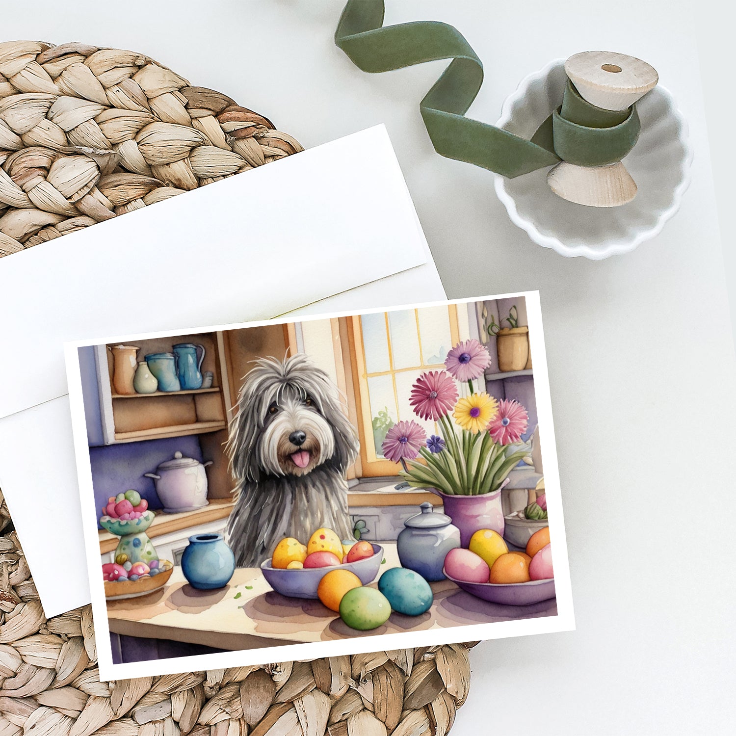 Decorating Easter Bergamasco Sheepdog Greeting Cards Pack of 8