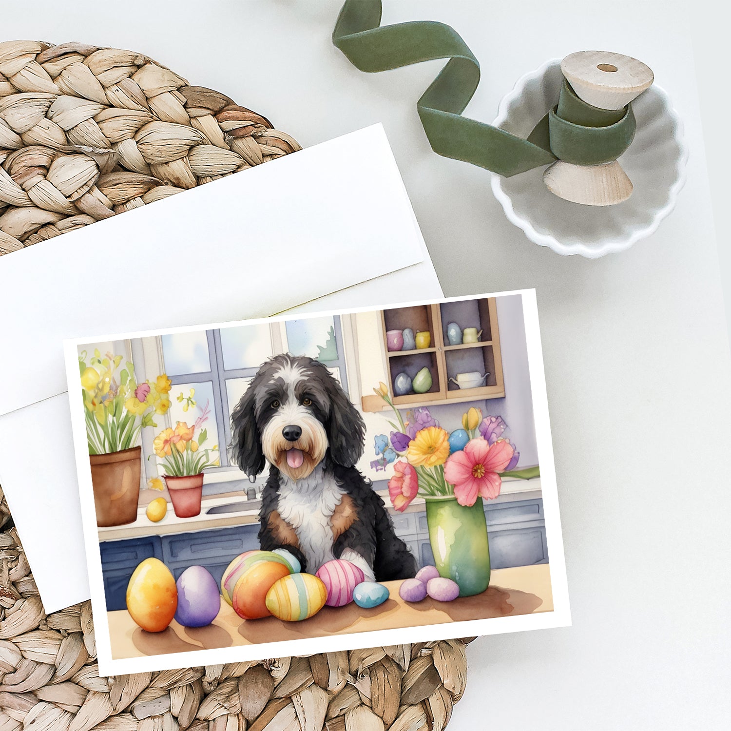 Buy this Decorating Easter Bernedoodle Greeting Cards Pack of 8