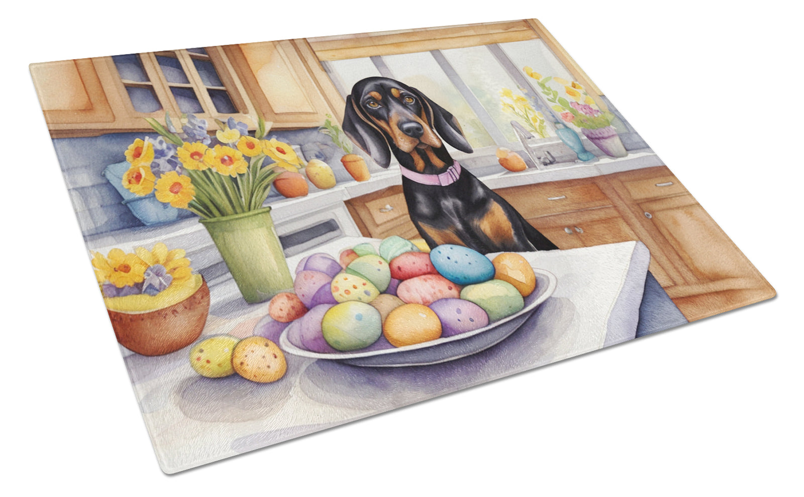 Buy this Decorating Easter Black and Tan Coonhound Glass Cutting Board