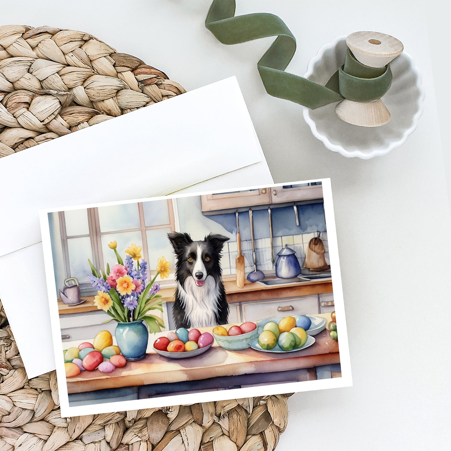 Buy this Decorating Easter Border Collie Greeting Cards Pack of 8