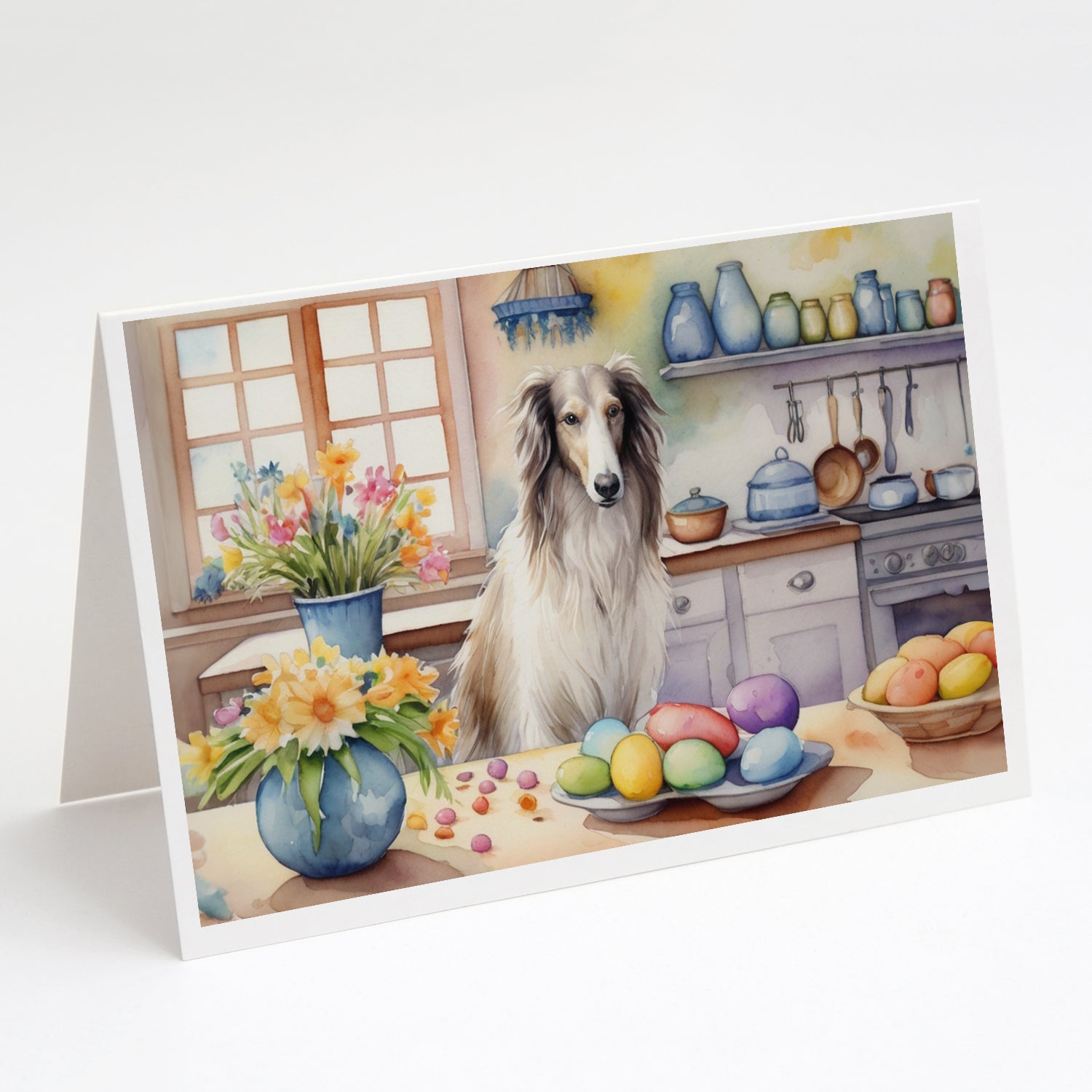 Buy this Decorating Easter Borzoi Greeting Cards Pack of 8