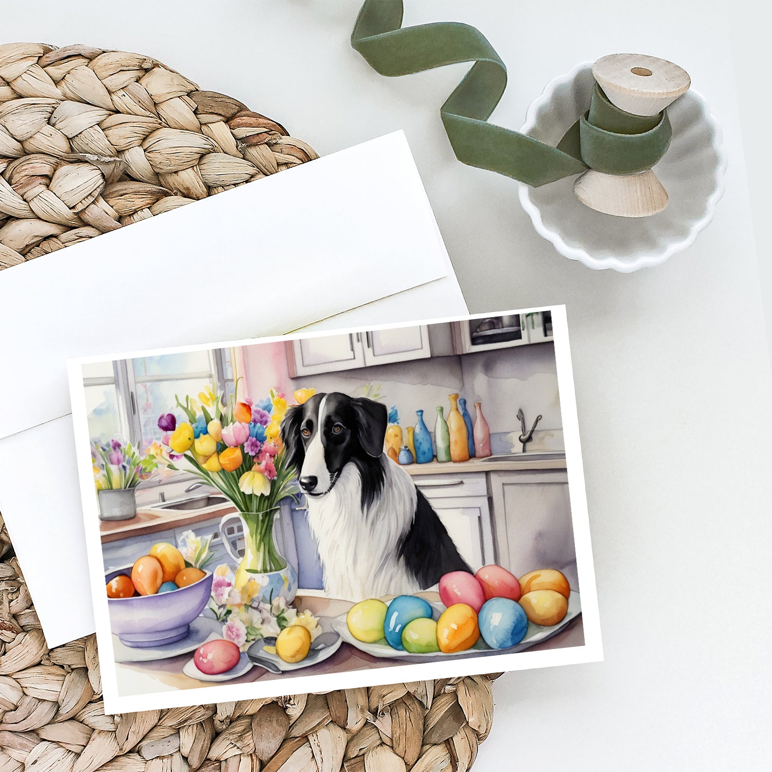 Buy this Decorating Easter Borzoi Greeting Cards Pack of 8
