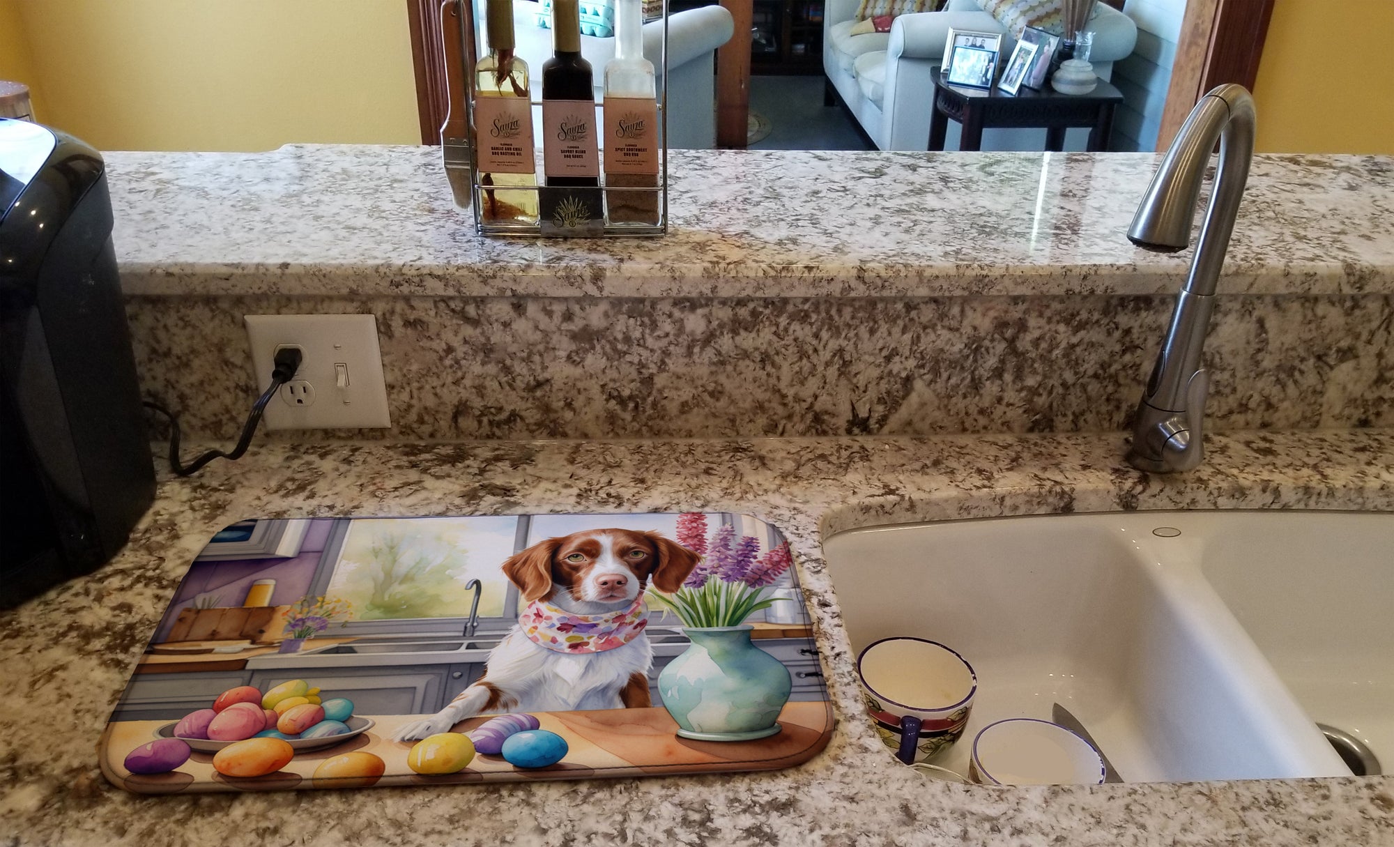 Decorating Easter Brittany Spaniel Dish Drying Mat