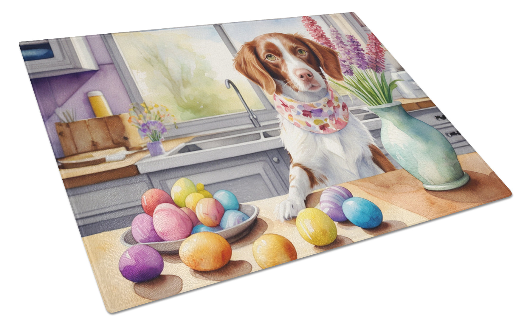 Buy this Decorating Easter Brittany Spaniel Glass Cutting Board