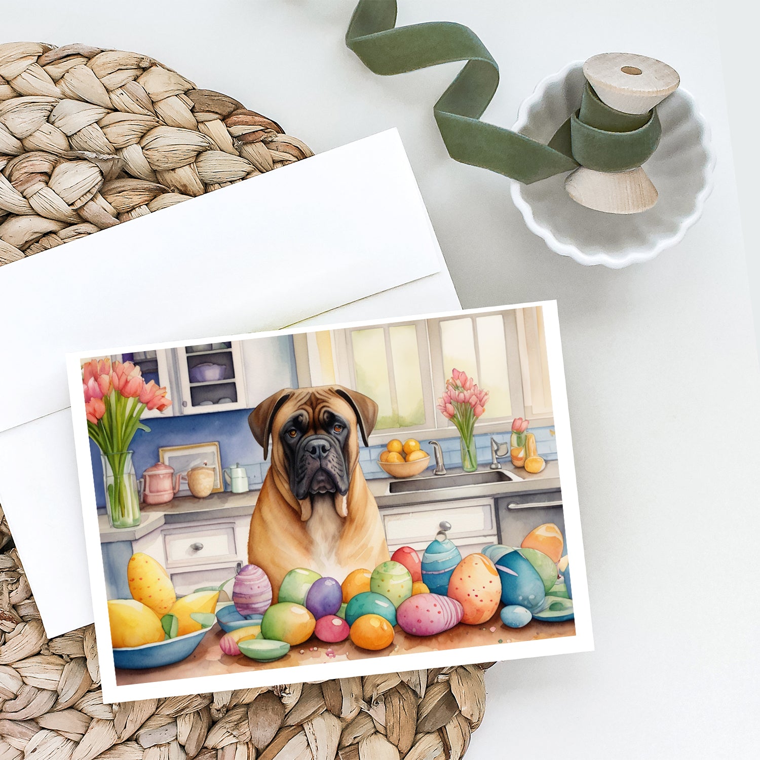 Buy this Decorating Easter Bullmastiff Greeting Cards Pack of 8