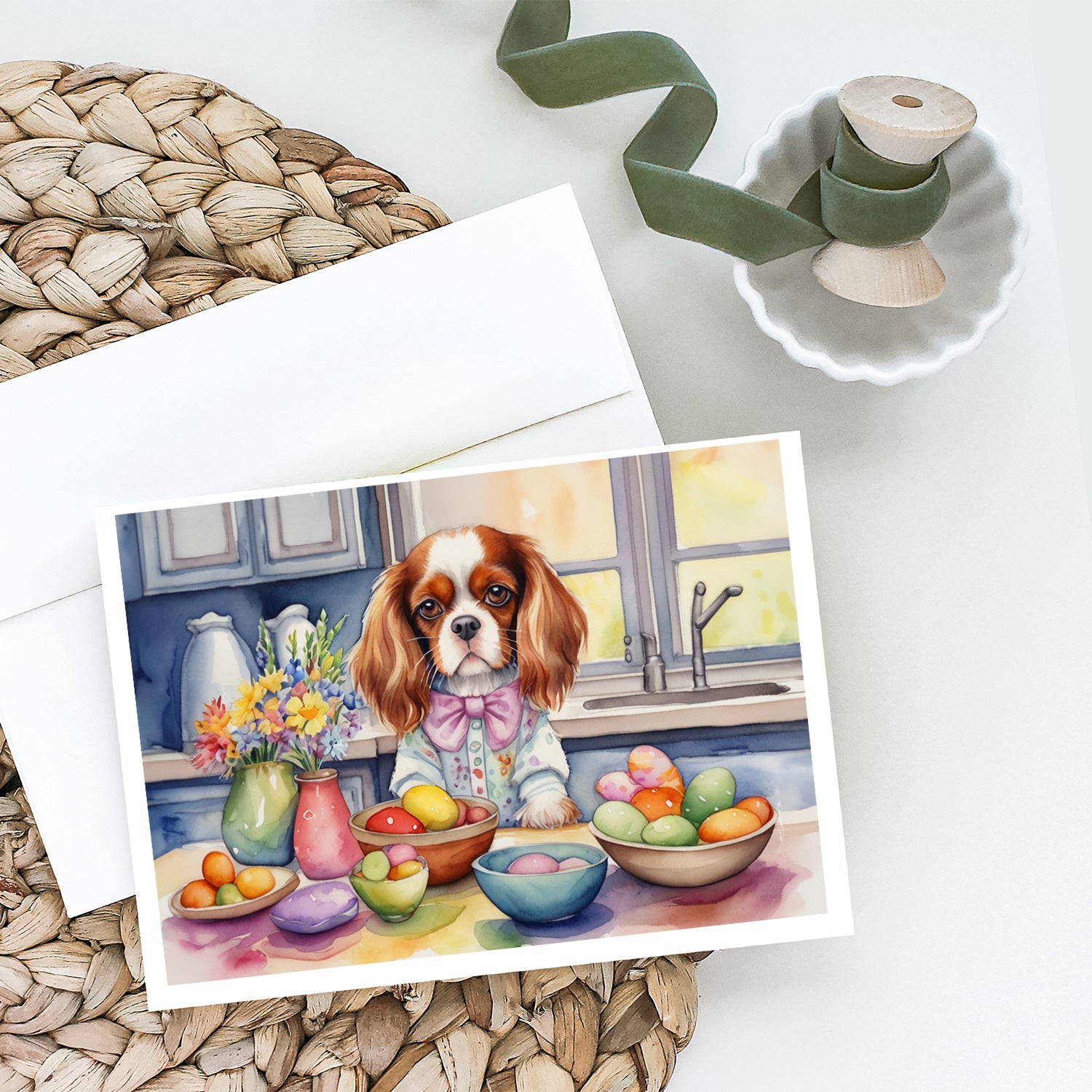 Buy this Decorating Easter Cavalier Spaniel Greeting Cards Pack of 8