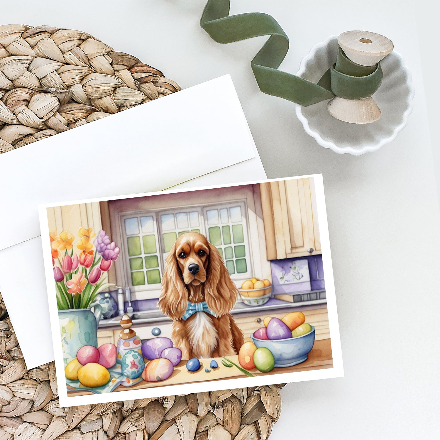 Buy this Decorating Easter Cocker Spaniel Greeting Cards Pack of 8