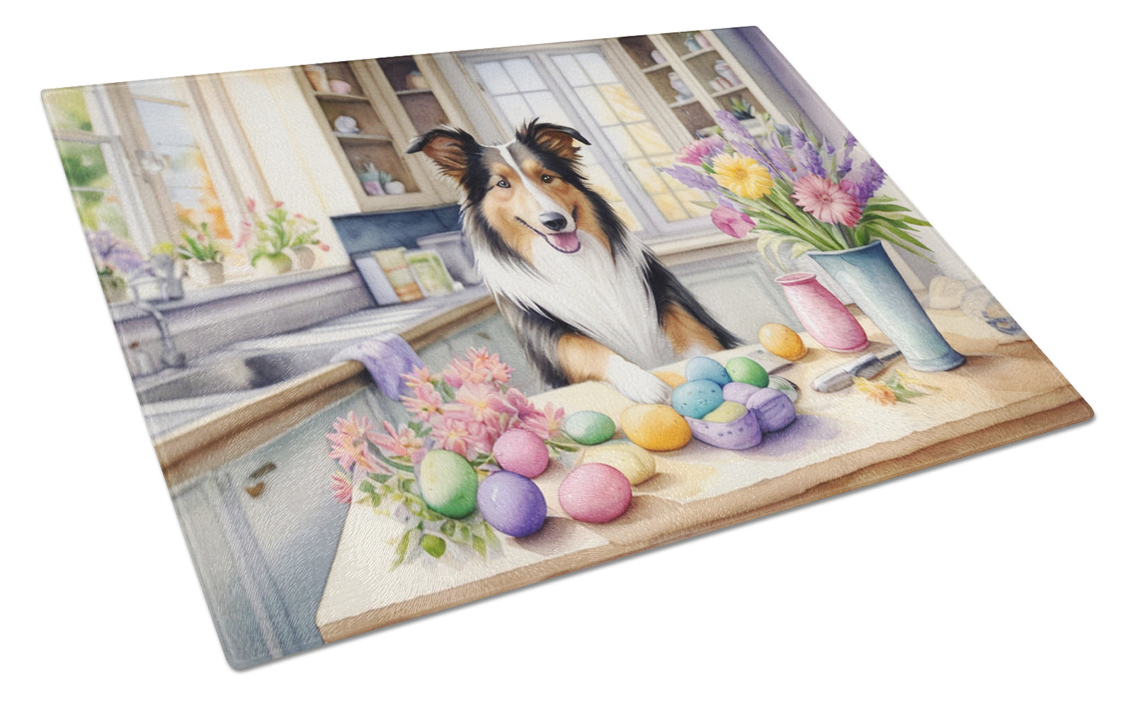 Buy this Decorating Easter Collie Glass Cutting Board