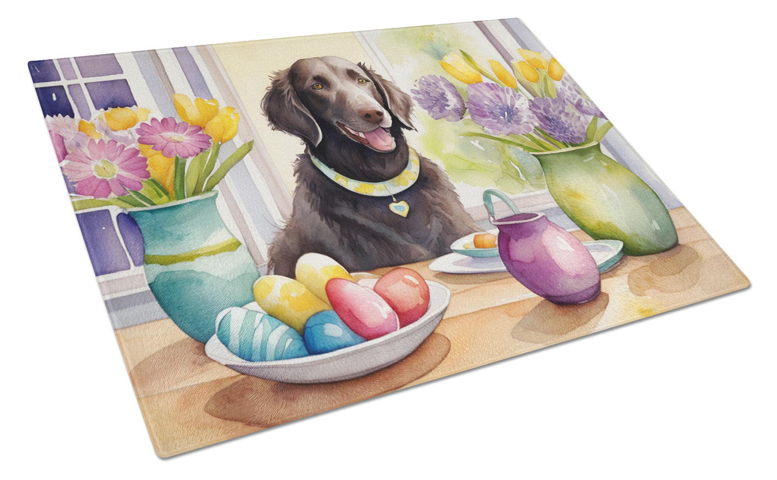 Buy this Decorating Easter Curly-Coated Retriever Glass Cutting Board