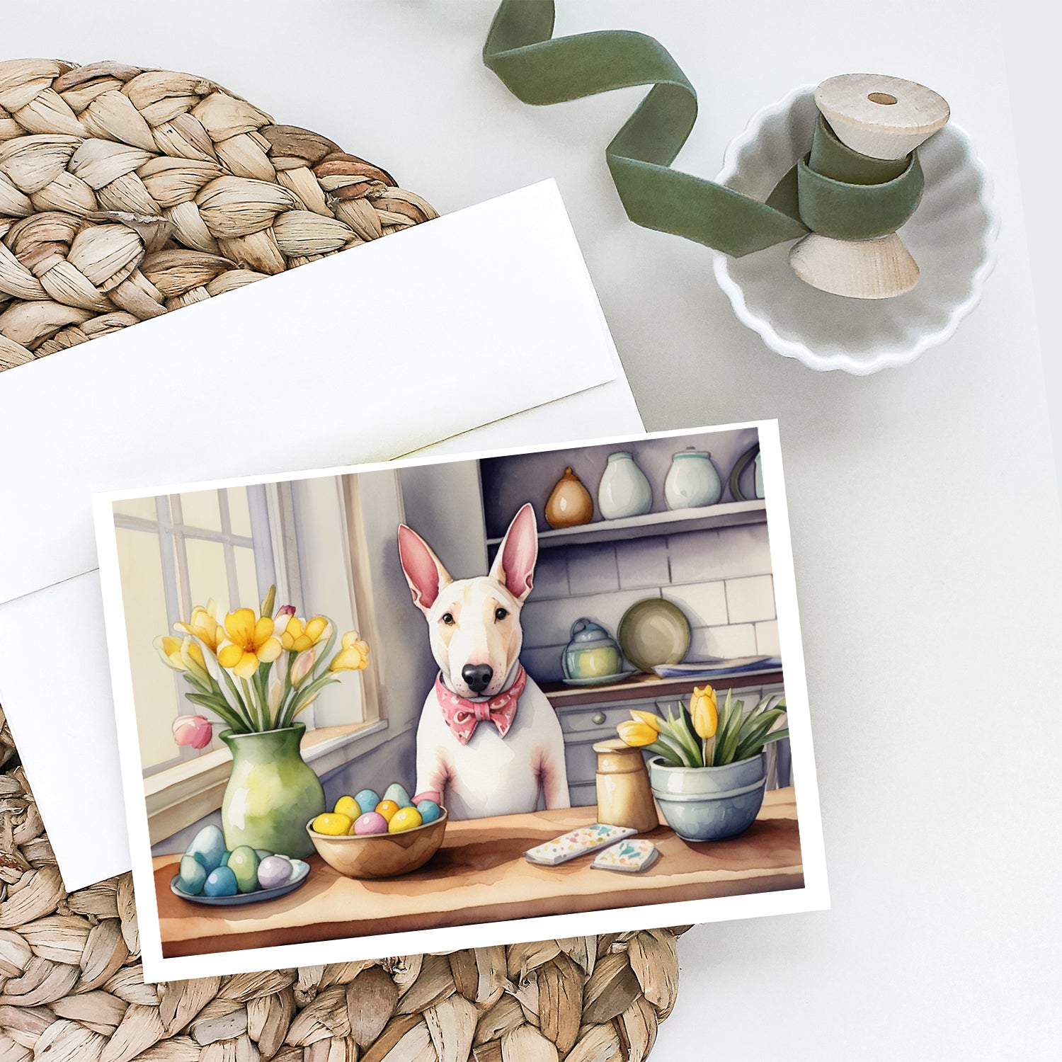 Buy this Decorating Easter English Bull Terrier Greeting Cards Pack of 8
