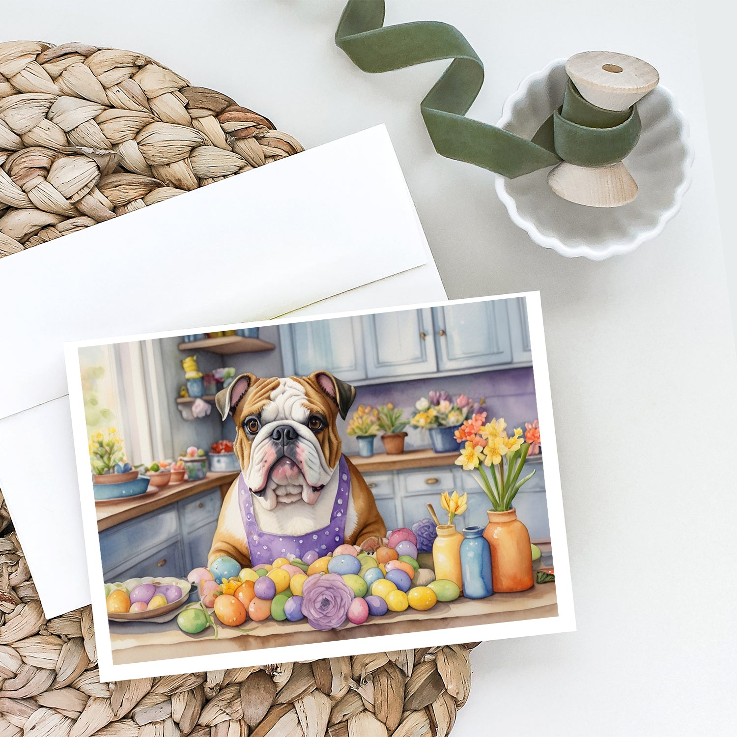 Buy this Decorating Easter English Bulldog Greeting Cards Pack of 8