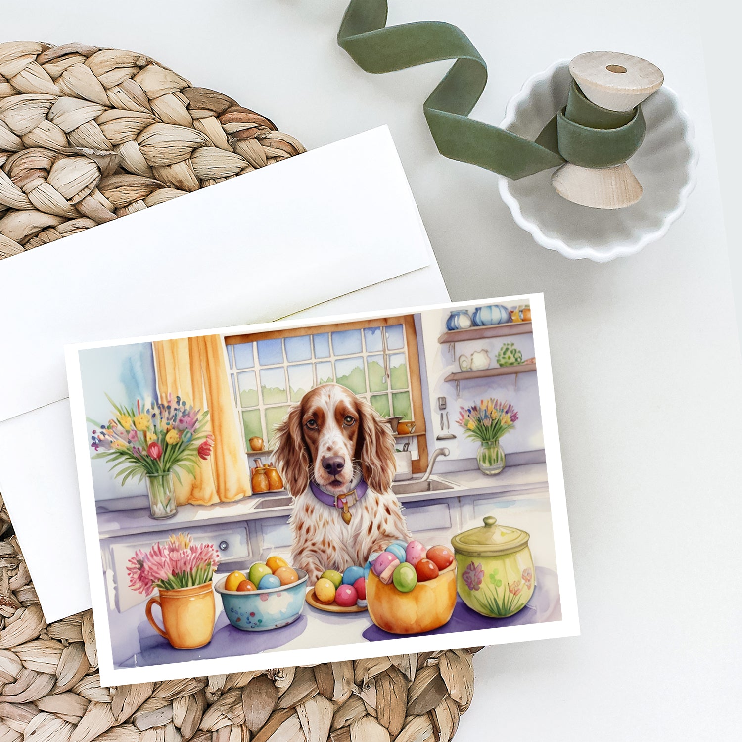 Buy this Decorating Easter English Setter Greeting Cards Pack of 8