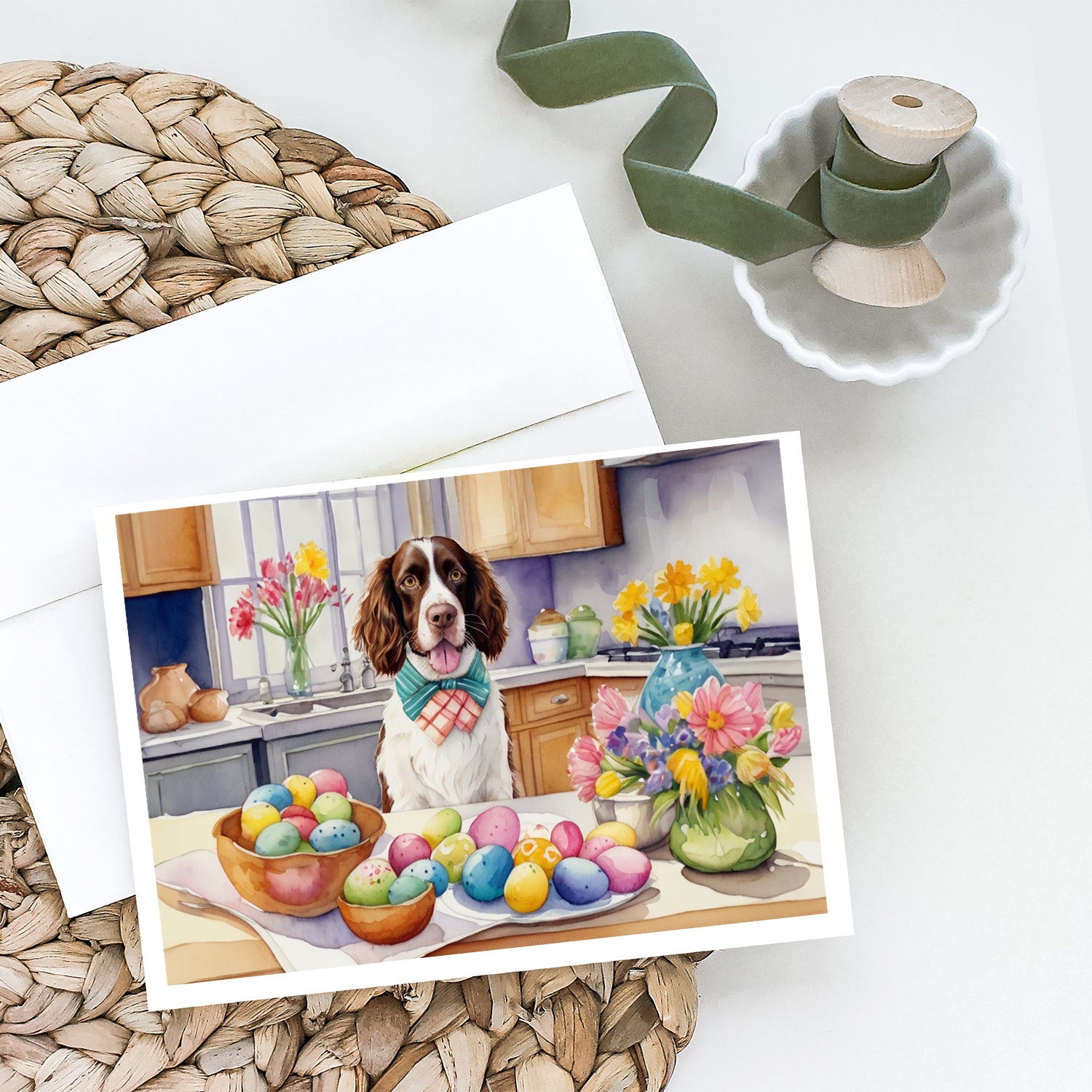 Decorating Easter English Springer Spaniel Greeting Cards Pack of 8