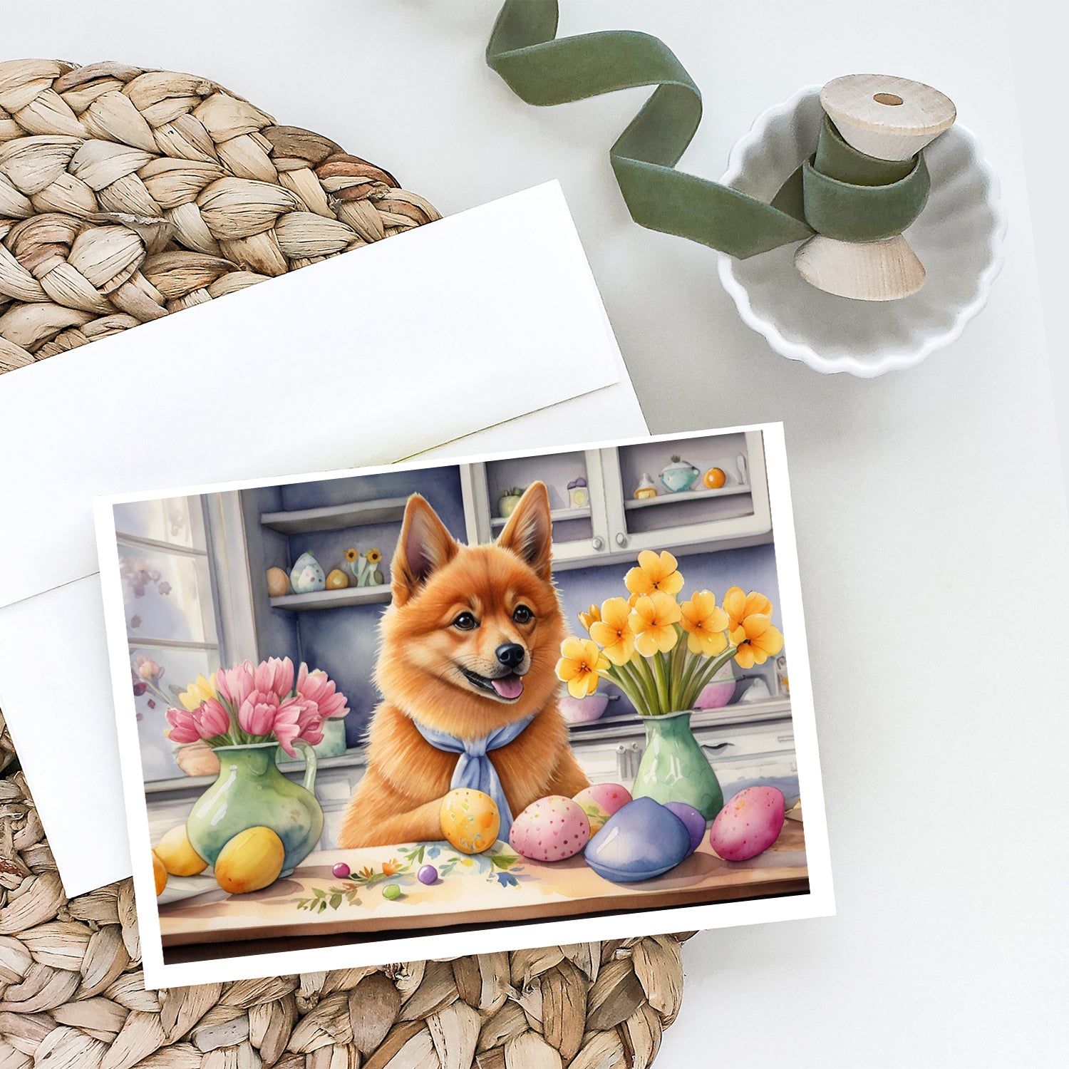 Buy this Decorating Easter Finnish Spitz Greeting Cards Pack of 8