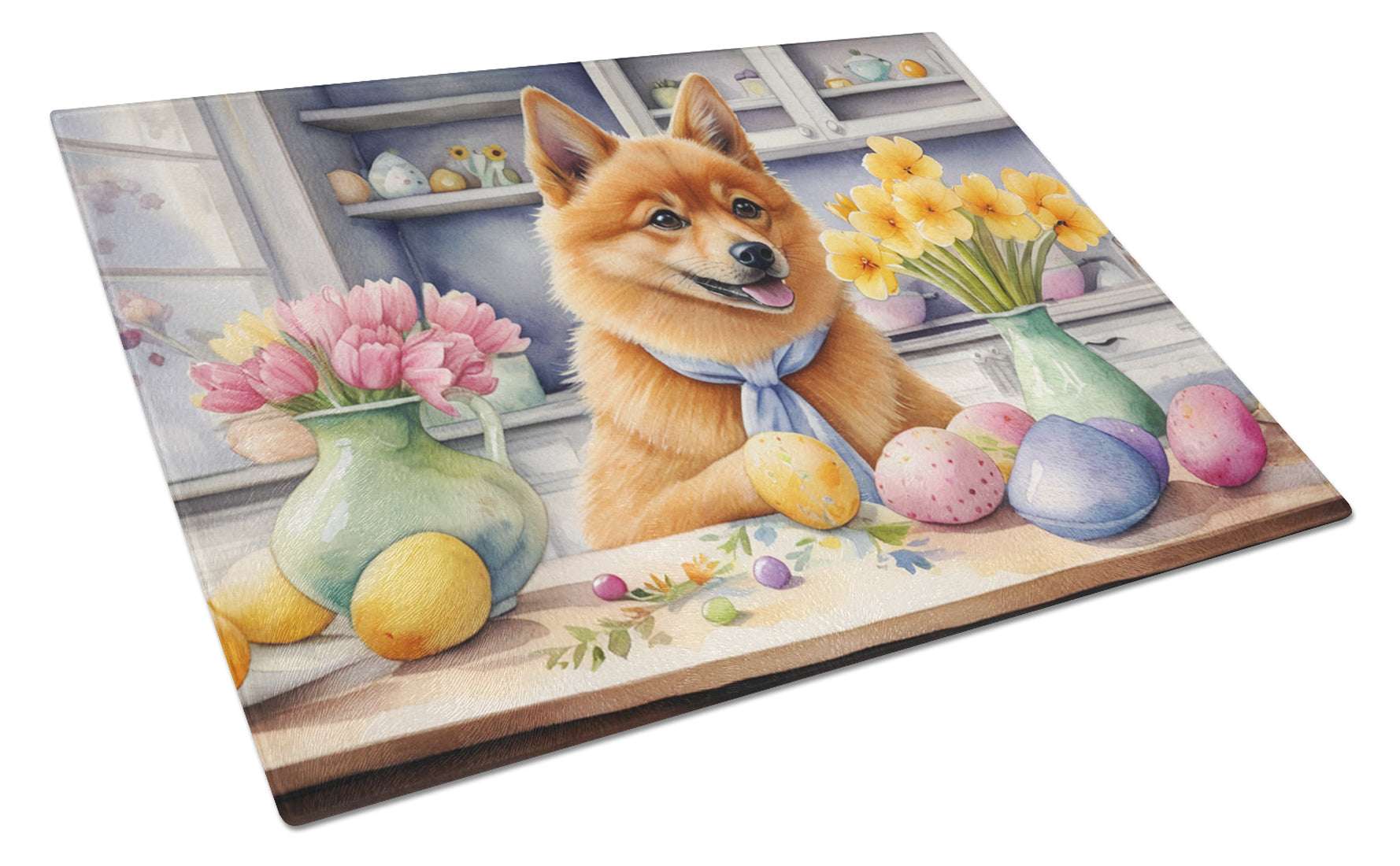 Buy this Decorating Easter Finnish Spitz Glass Cutting Board