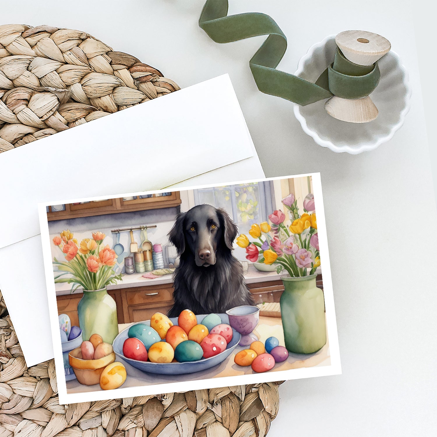 Buy this Decorating Easter Flat-Coated Retriever Greeting Cards Pack of 8